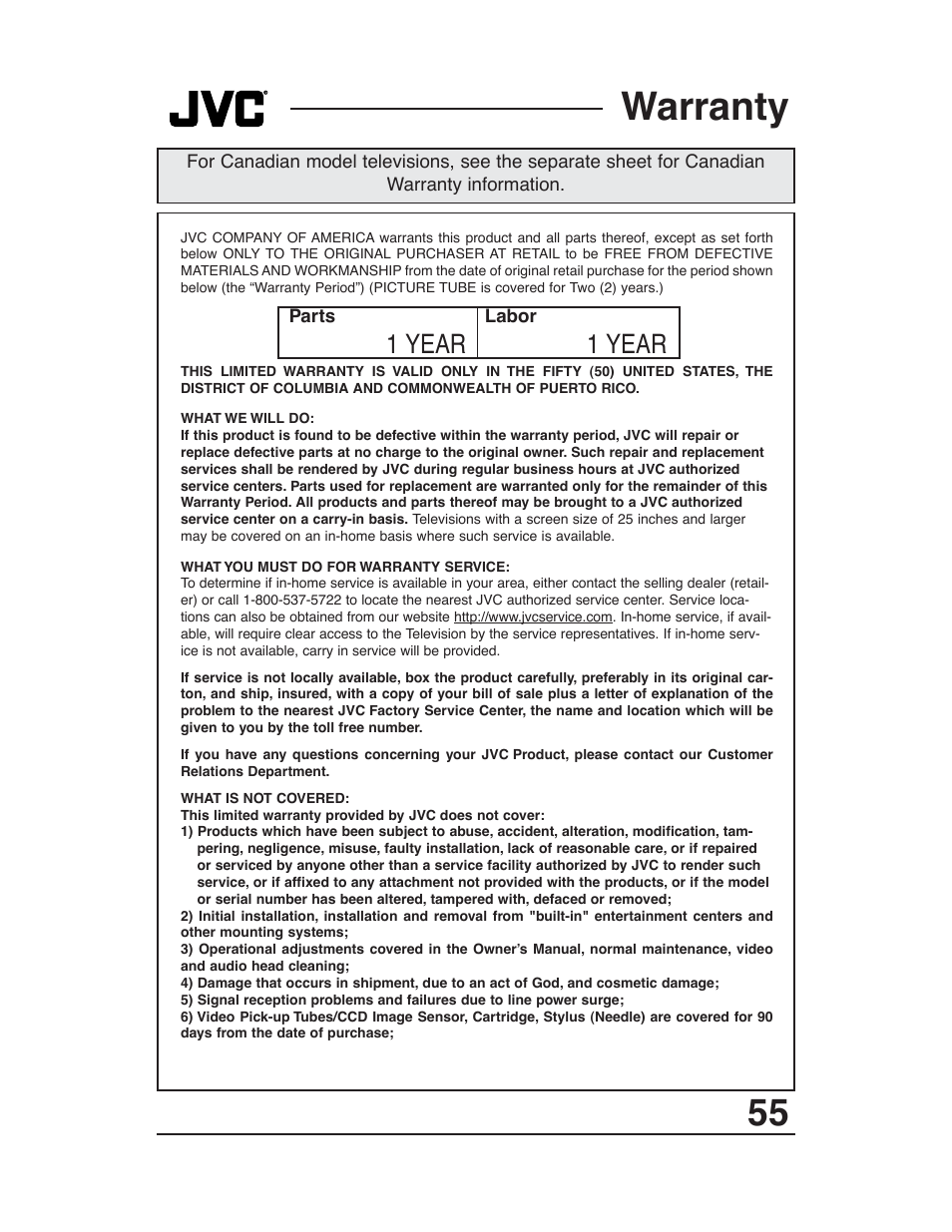 Warranty, 1 year | JVC AV 36P903 User Manual | Page 55 / 60