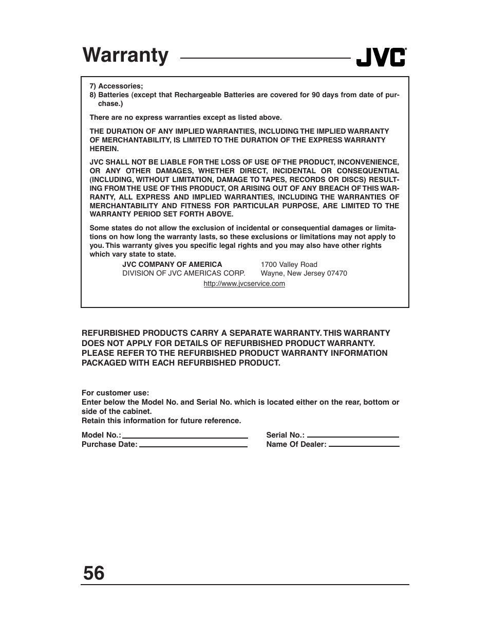 Warranty | JVC AV 36P903 User Manual | Page 56 / 60