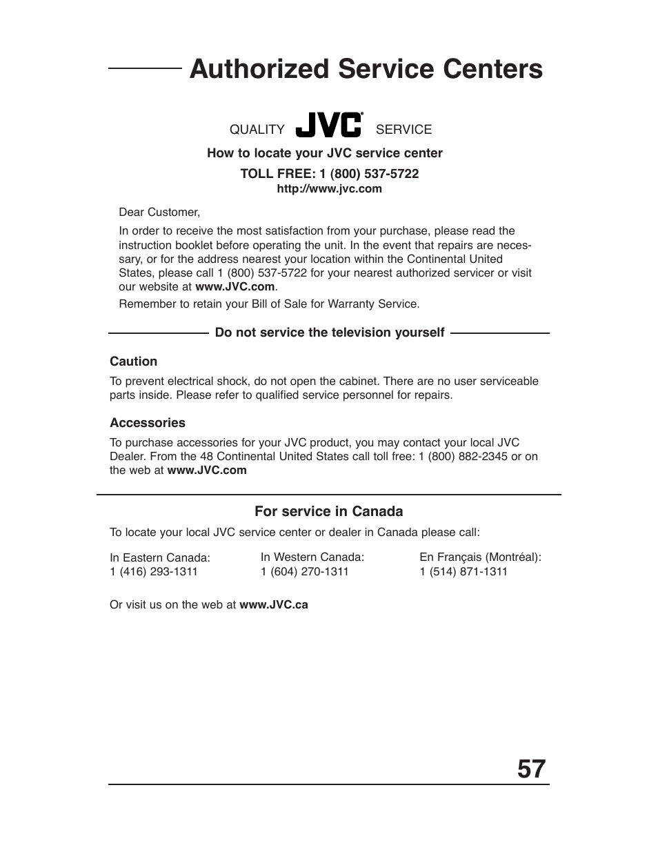 Authorized service centers | JVC AV 36P903 User Manual | Page 57 / 60