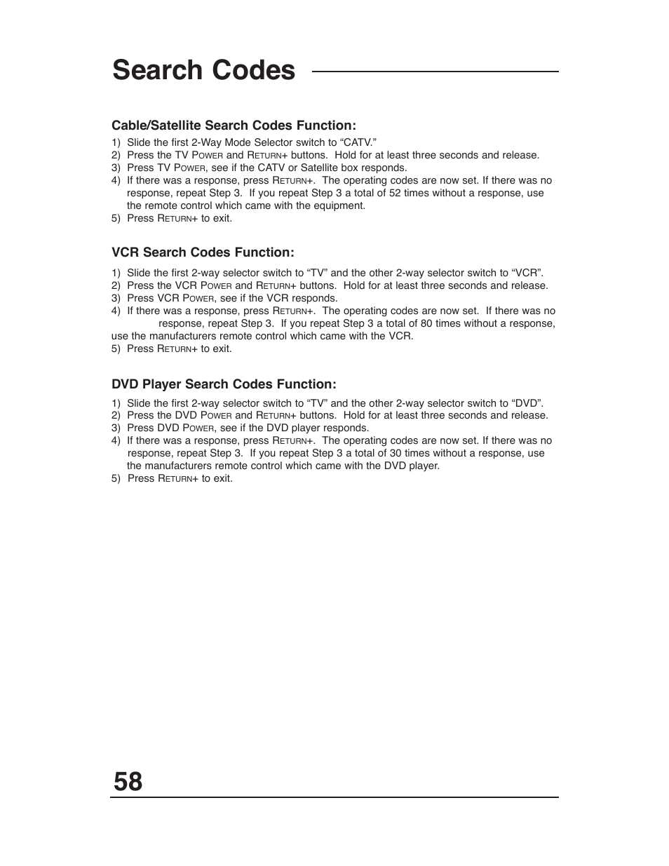 Search remote codes, Search codes, Cable/satellite search codes function | Vcr search codes function, Dvd player search codes function | JVC AV 36P903 User Manual | Page 58 / 60