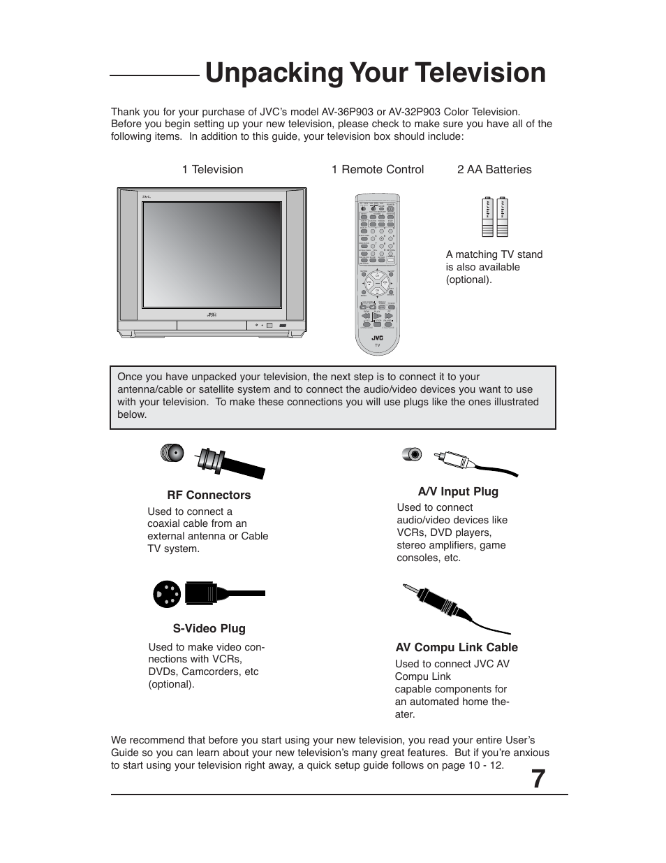 Supplied accessories, Unpacking your television, 2 aa batteries 1 television 1 remote control | A/v input plug rf connectors, S-video plug av compu link cable | JVC AV 36P903 User Manual | Page 7 / 60