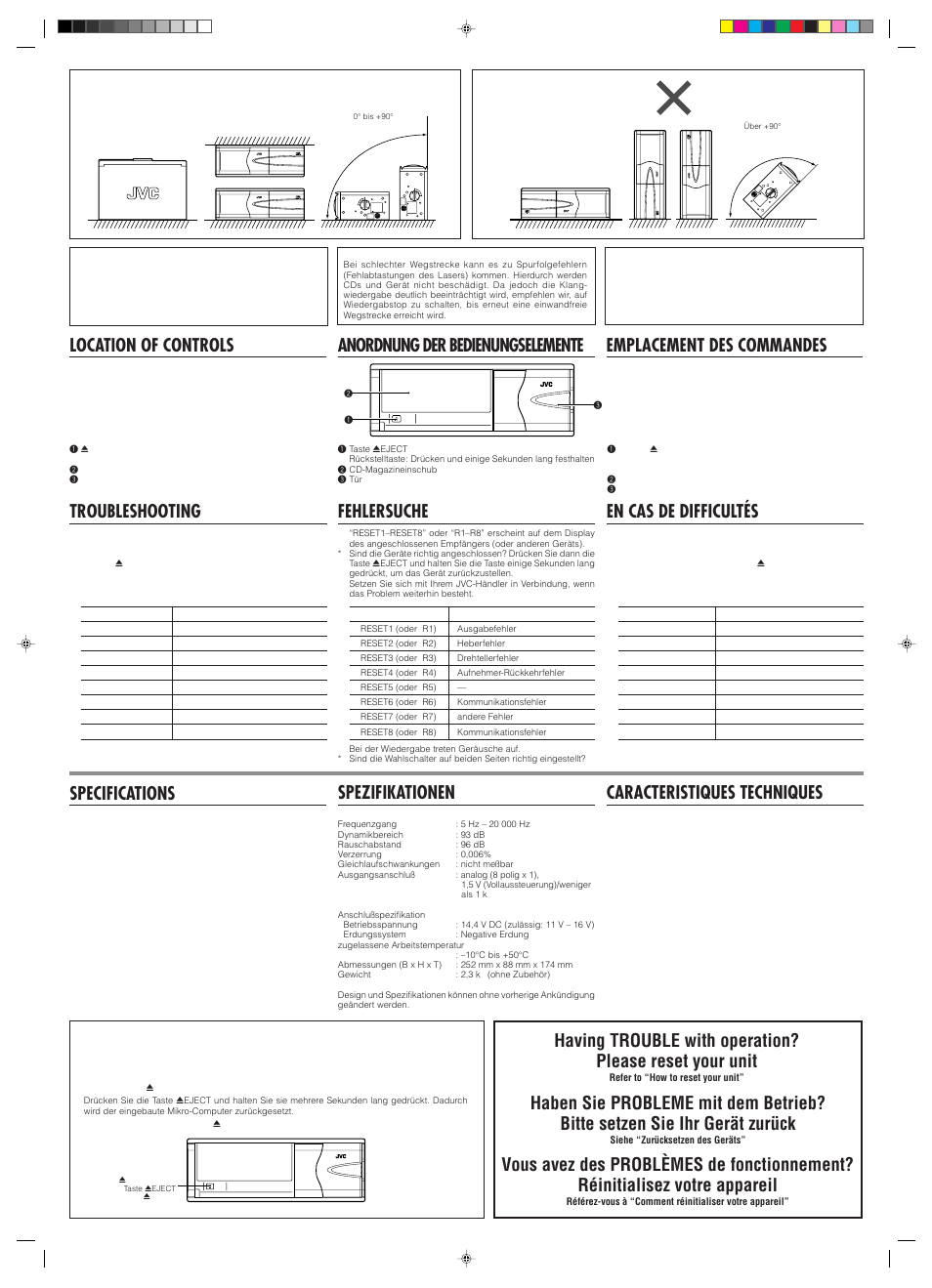 Fehlersuche, Specifications, Spezifikationen caracteristiques techniques | En cas de difficultés, Compact disc changer | JVC CH-X1000 User Manual | Page 3 / 6