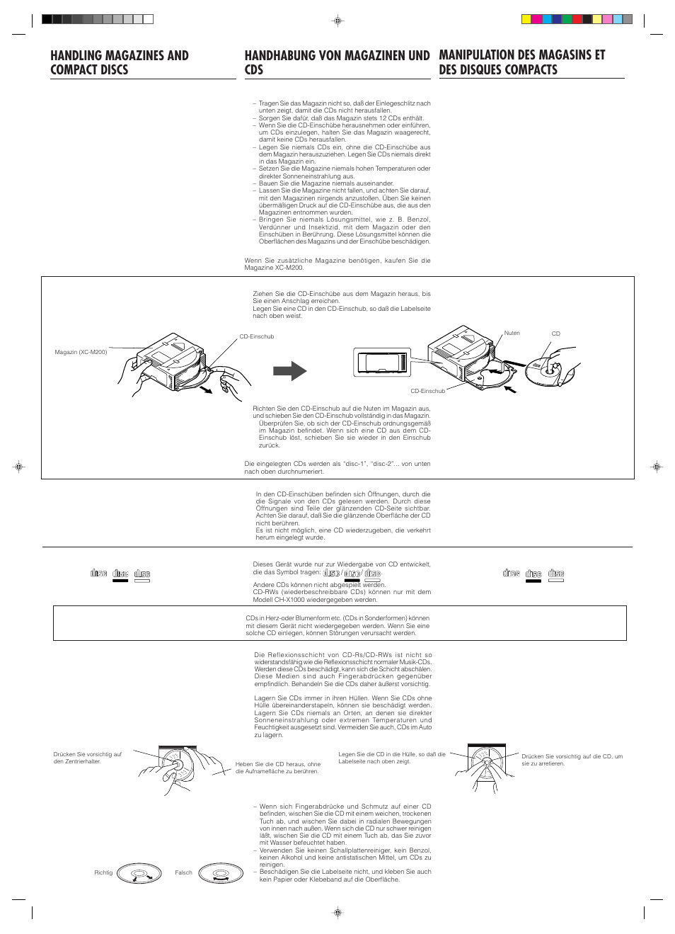 Handling magazines and compact discs, Handhabung von magazinen und cds, Manipulation des magasins et des disques compacts | How to handle the magazines, Umgang mit magazinen, Manipulation des magasins, Einlegen von cds, Chargement des cds, How to load cds, How to handle cds (cd/cd-r/cd-rw) | JVC CH-X1000 User Manual | Page 5 / 6