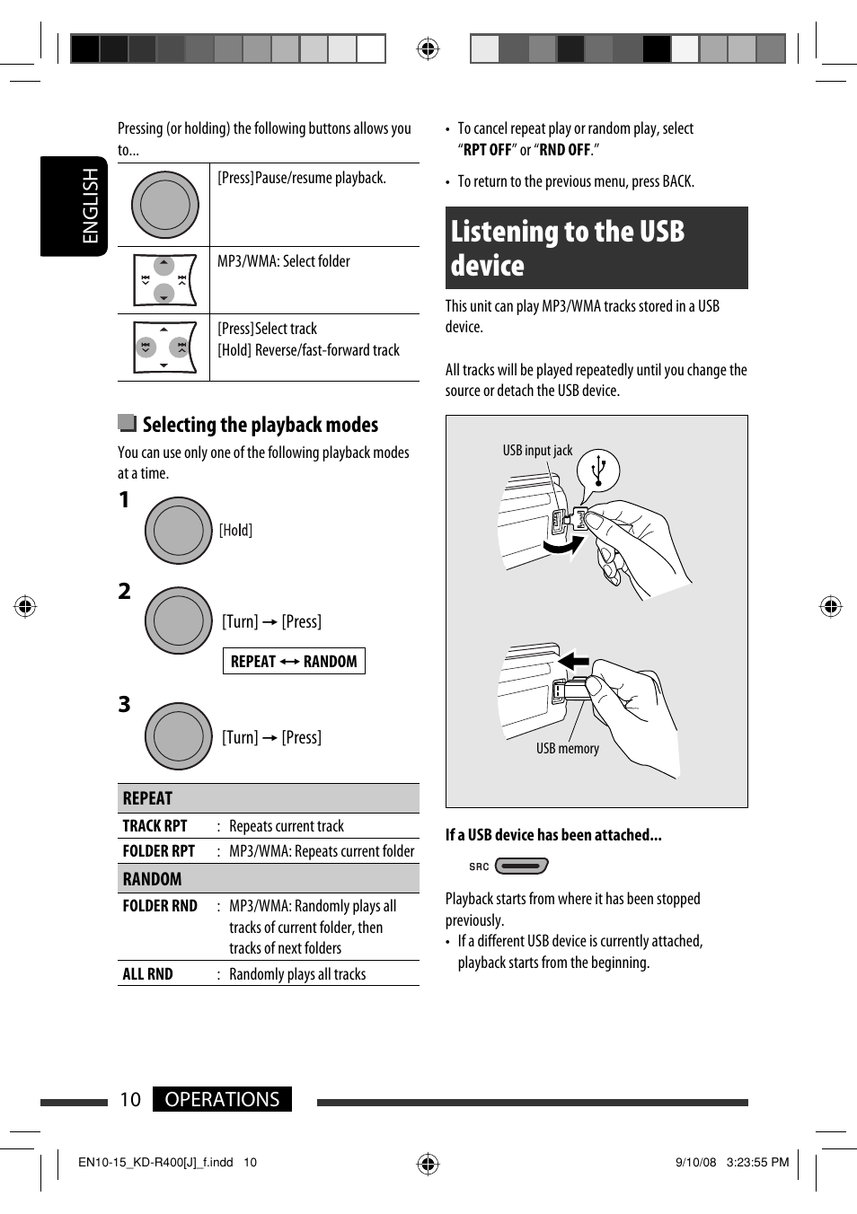 Listening to the usb device, Selecting the playback modes | JVC GET0576-001A User Manual | Page 10 / 146