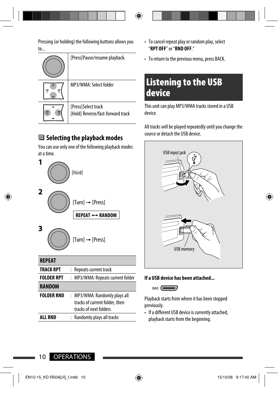 Listening to the usb device, Selecting the playback modes | JVC GET0576-001A User Manual | Page 102 / 146