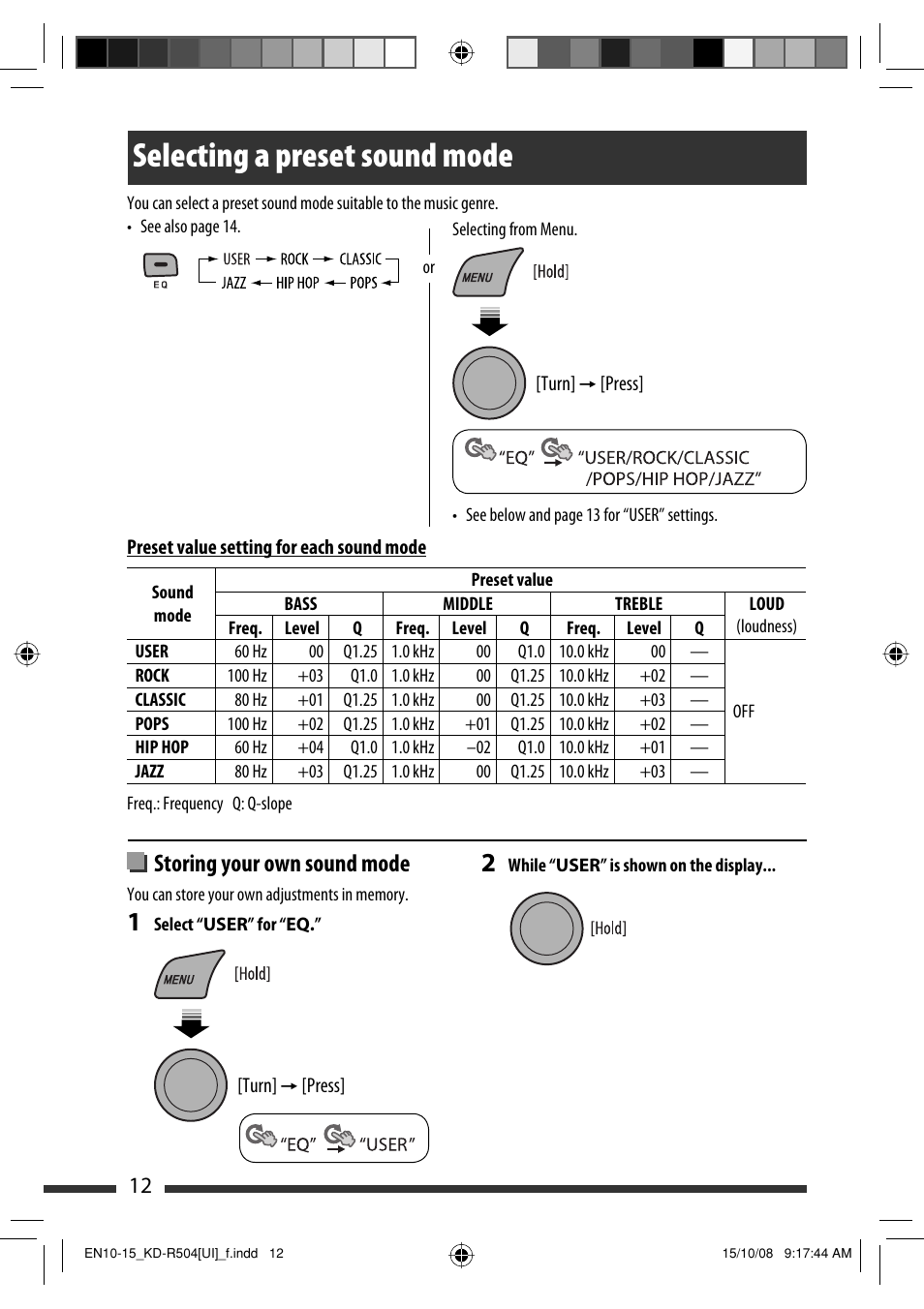 Selecting a preset sound mode, Storing your own sound mode | JVC GET0576-001A User Manual | Page 104 / 146