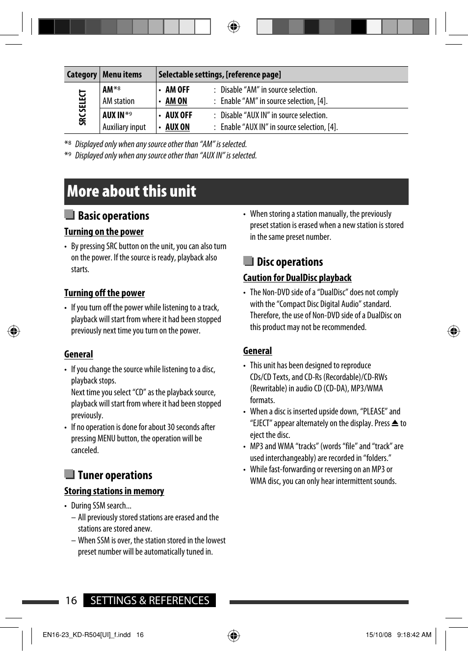 More about this unit, Basic operations, Tuner operations | Disc operations, 16 settings & references | JVC GET0576-001A User Manual | Page 108 / 146