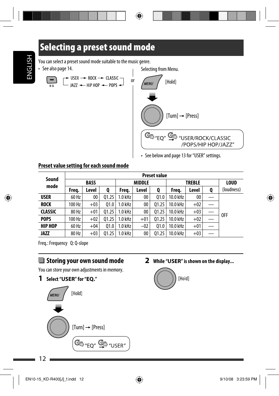 Selecting a preset sound mode, Storing your own sound mode, English 12 | JVC GET0576-001A User Manual | Page 12 / 146