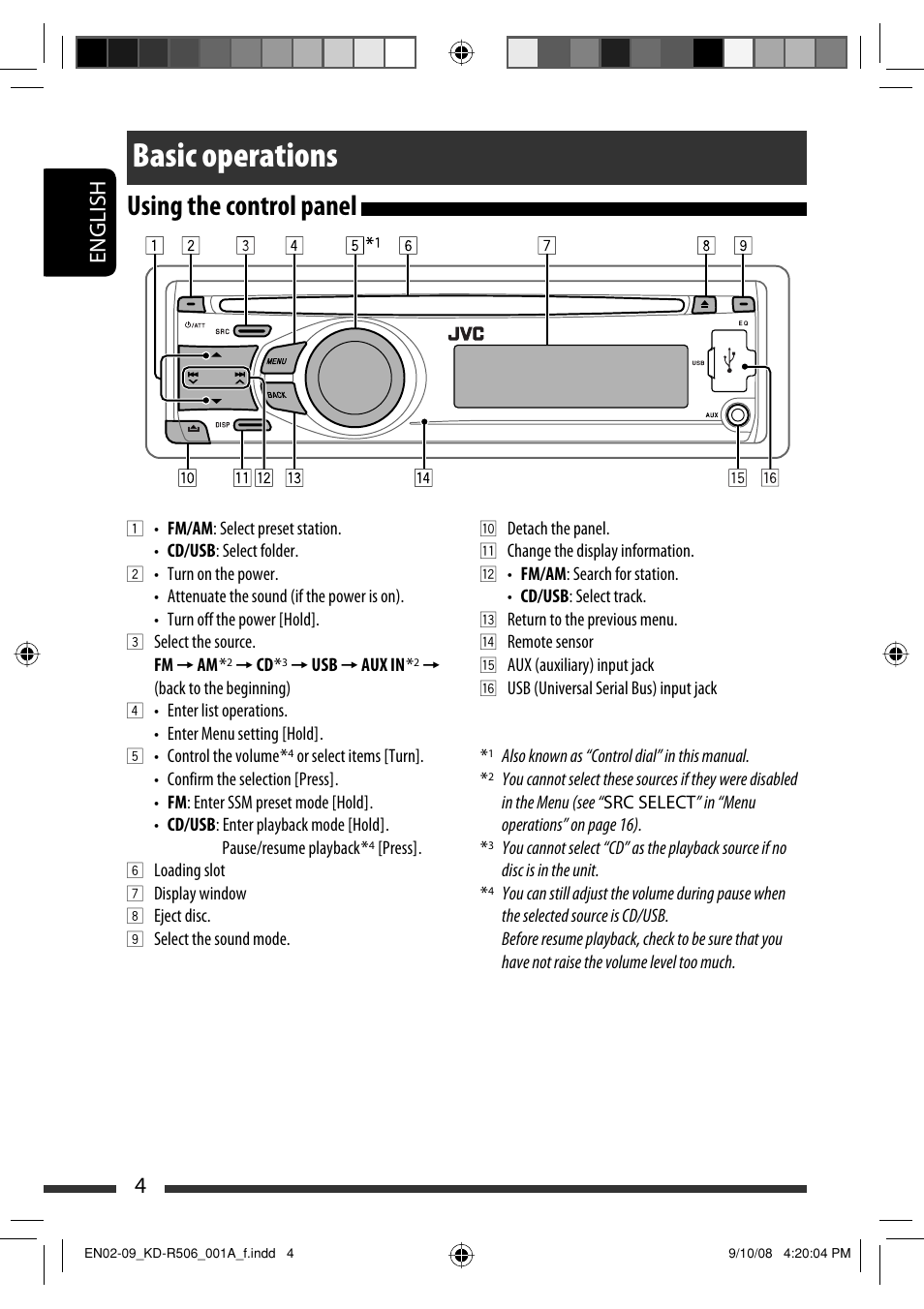 Basic operations, Using the control panel, English 4 | JVC GET0576-001A User Manual | Page 122 / 146