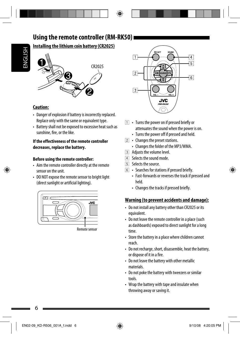 Using the remote controller (rm-rk50), English 6 | JVC GET0576-001A User Manual | Page 124 / 146