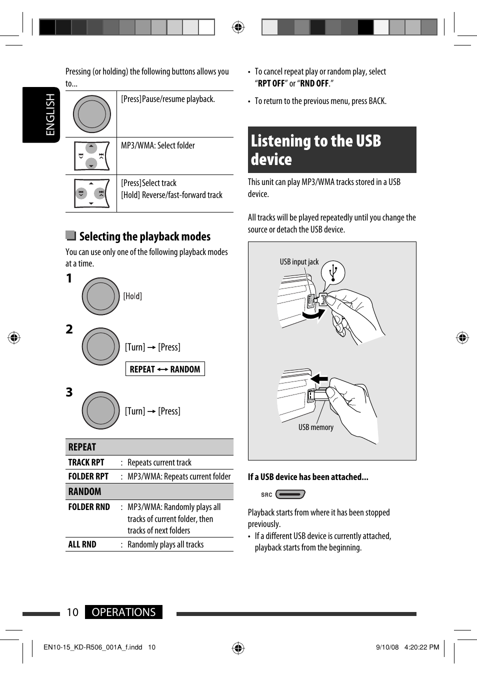 Listening to the usb device, Selecting the playback modes | JVC GET0576-001A User Manual | Page 128 / 146