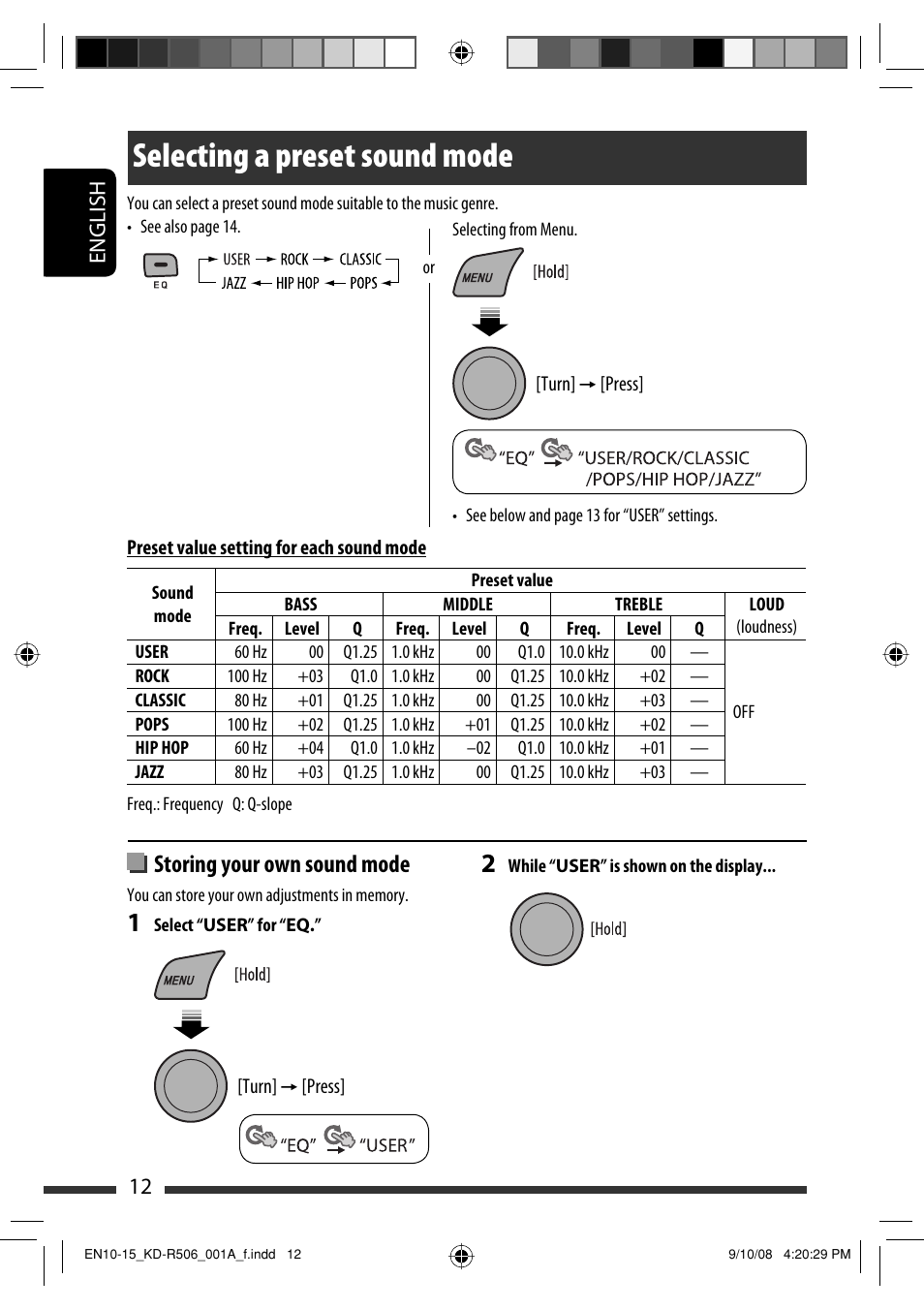 Selecting a preset sound mode, Storing your own sound mode, English 12 | JVC GET0576-001A User Manual | Page 130 / 146