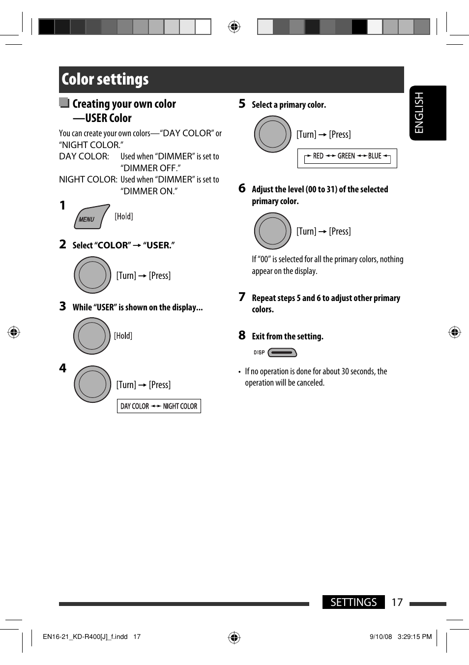 Color settings, Creating your own color —user color | JVC GET0576-001A User Manual | Page 17 / 146