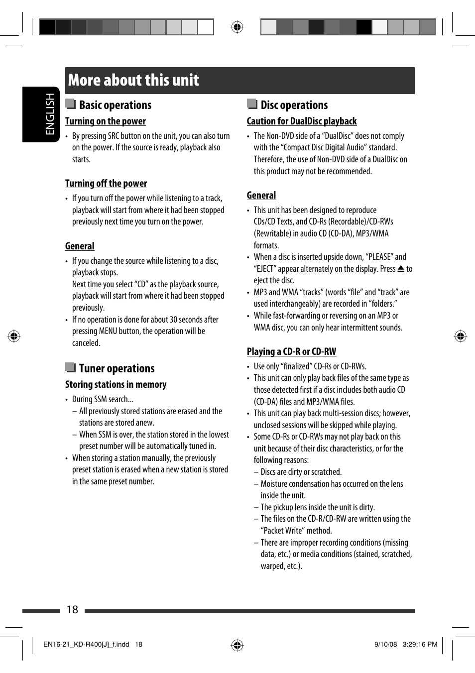 More about this unit, Basic operations, Tuner operations | Disc operations, English 18 | JVC GET0576-001A User Manual | Page 18 / 146