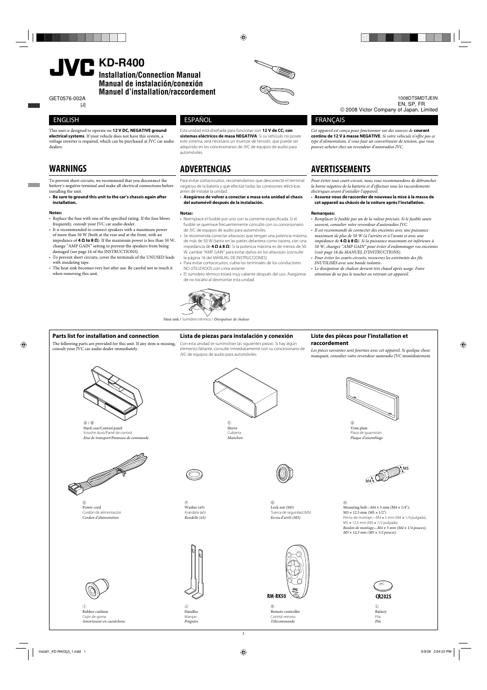 Installation/connection manual, Warnings, Parts list for installation and connection | Kd-r400, Advertencias, Avertissements, English, Español, Français, Lista de piezas para instalación y conexión | JVC GET0576-001A User Manual | Page 27 / 146