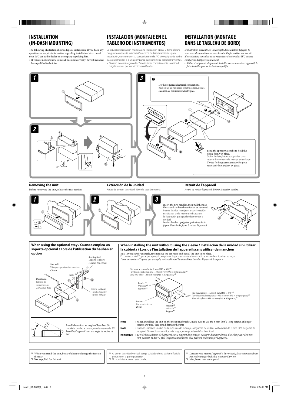 Installation (in-dash mounting), Removing the unit, Installation (montage dans le tableau de bord) | Extracción de la unidad, Retrait de l’appareil | JVC GET0576-001A User Manual | Page 28 / 146