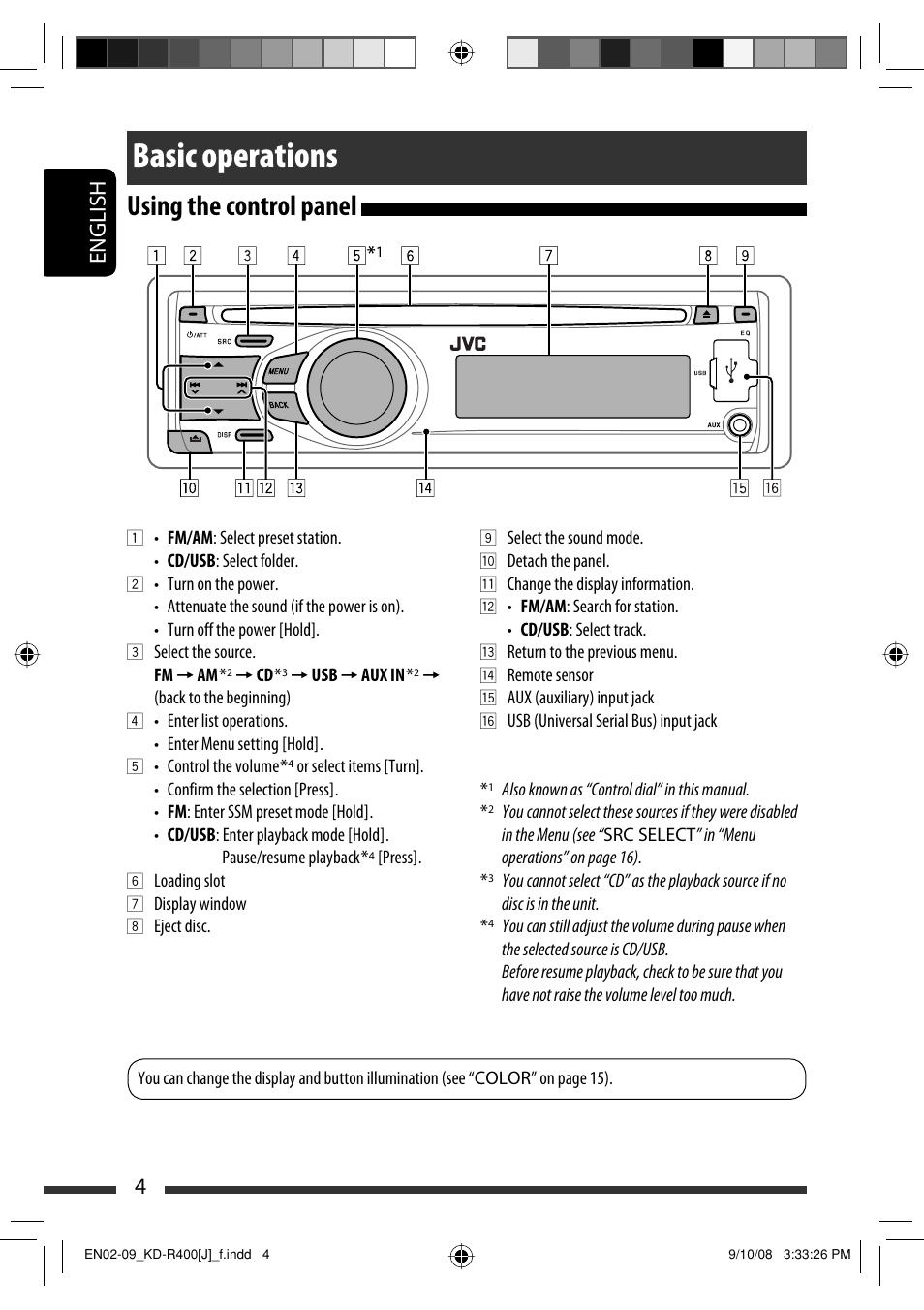 Basic operations, Using the control panel, English 4 | JVC GET0576-001A User Manual | Page 4 / 146