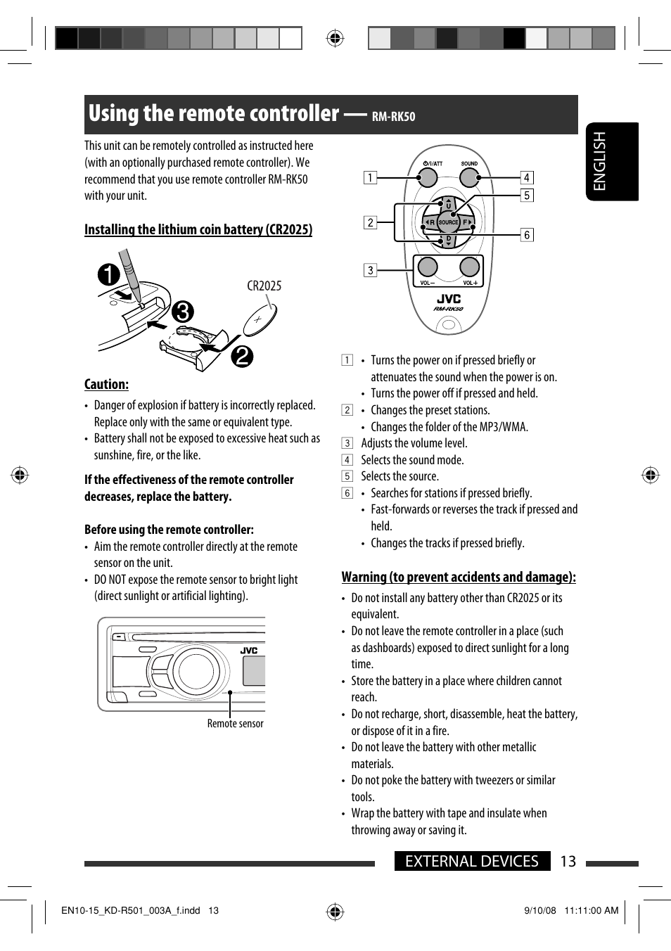 Using the remote controller — rm-rk50, Using the remote controller, English 13 external devices | JVC GET0576-001A User Manual | Page 43 / 146