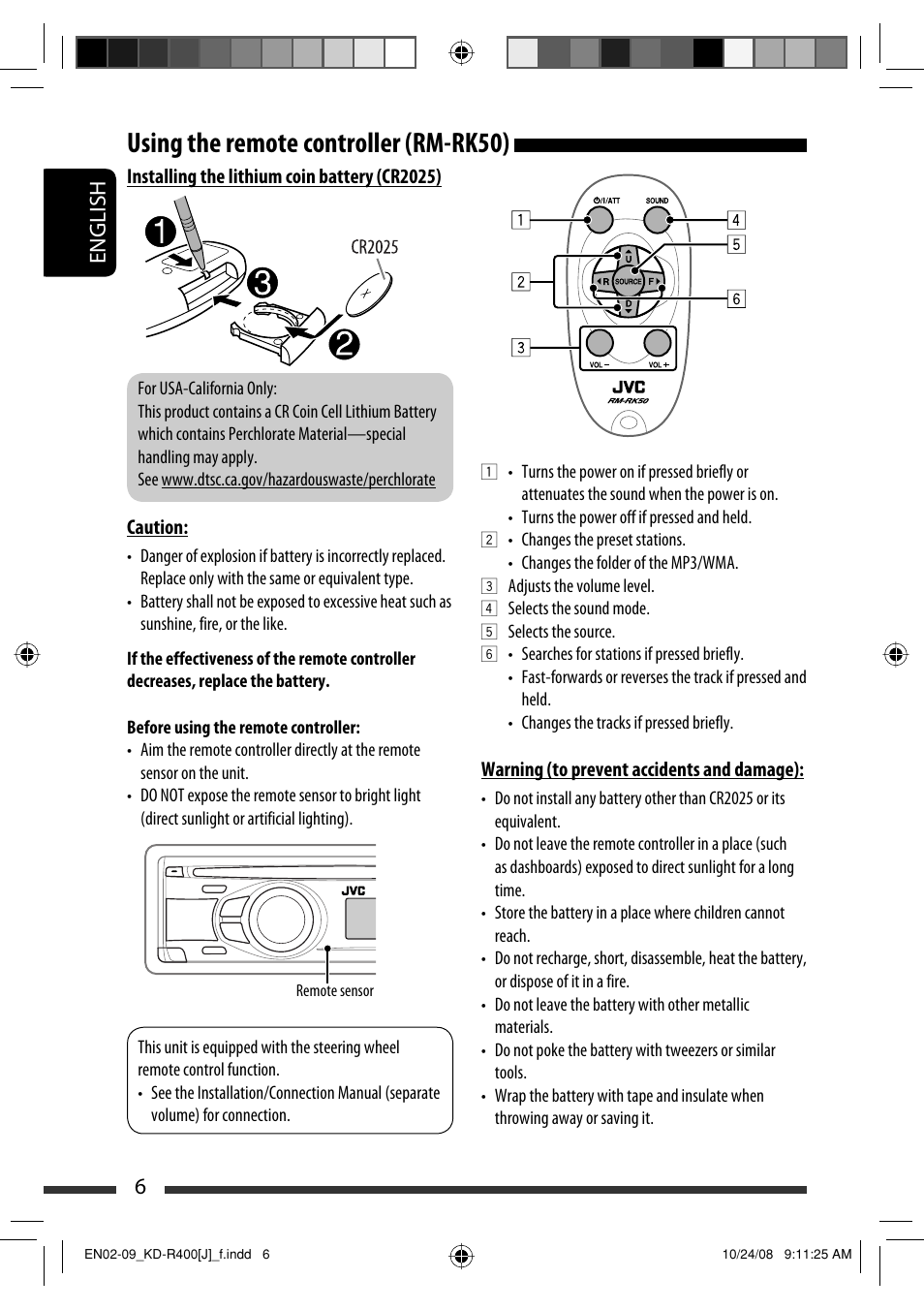 Using the remote controller (rm-rk50), English 6 | JVC GET0576-001A User Manual | Page 6 / 146