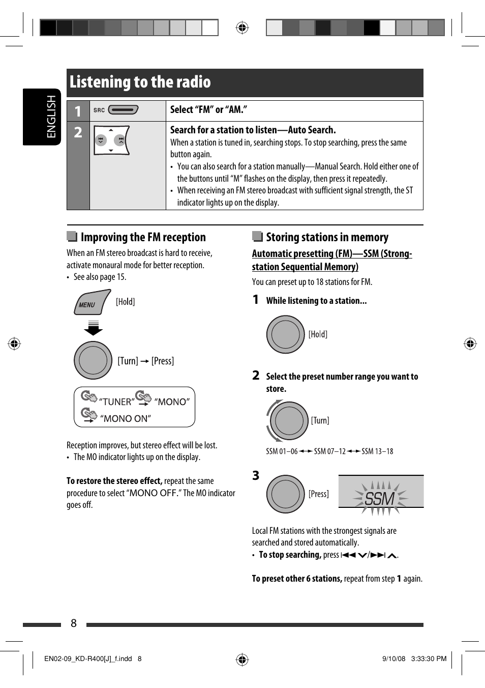 Listening to the radio, Improving the fm reception | JVC GET0576-001A User Manual | Page 8 / 146