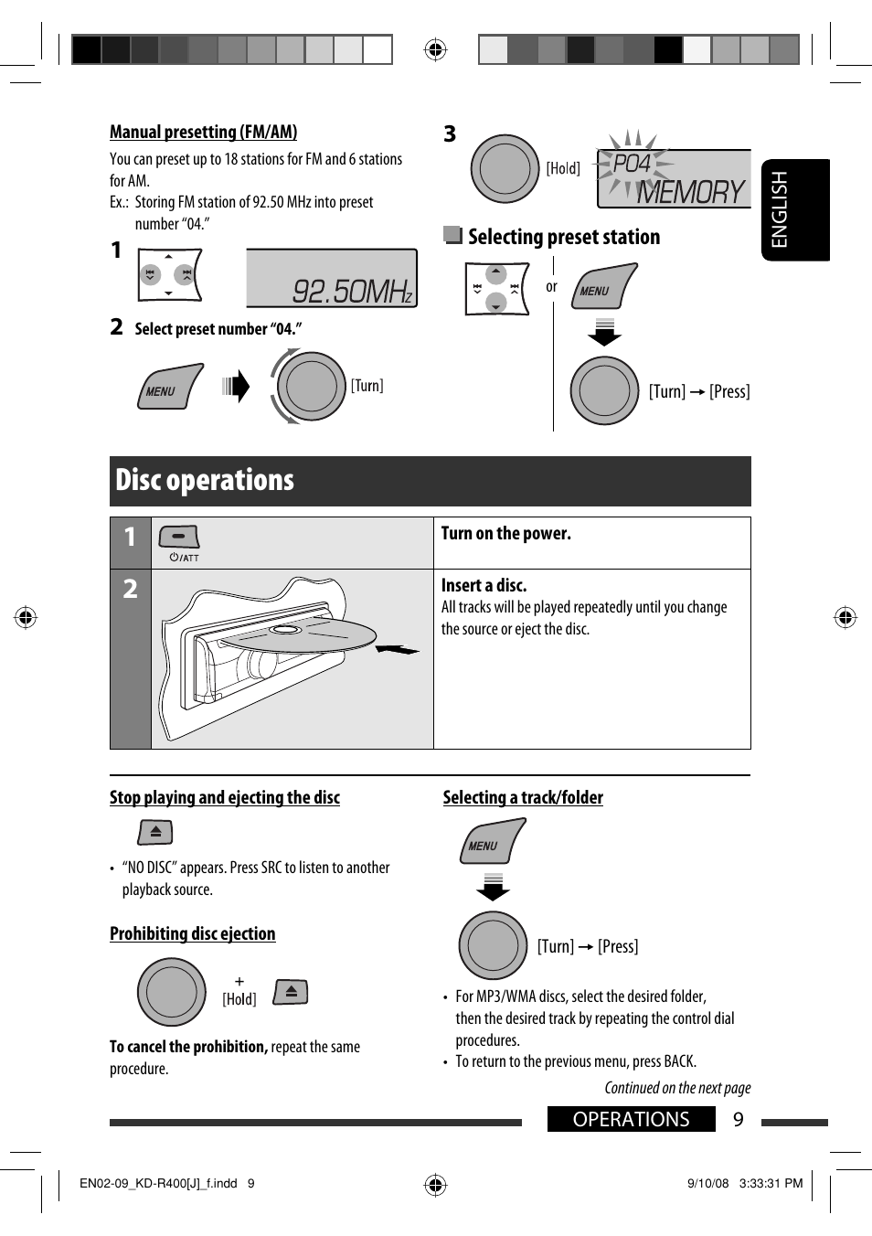 Disc operations, Selecting preset station | JVC GET0576-001A User Manual | Page 9 / 146