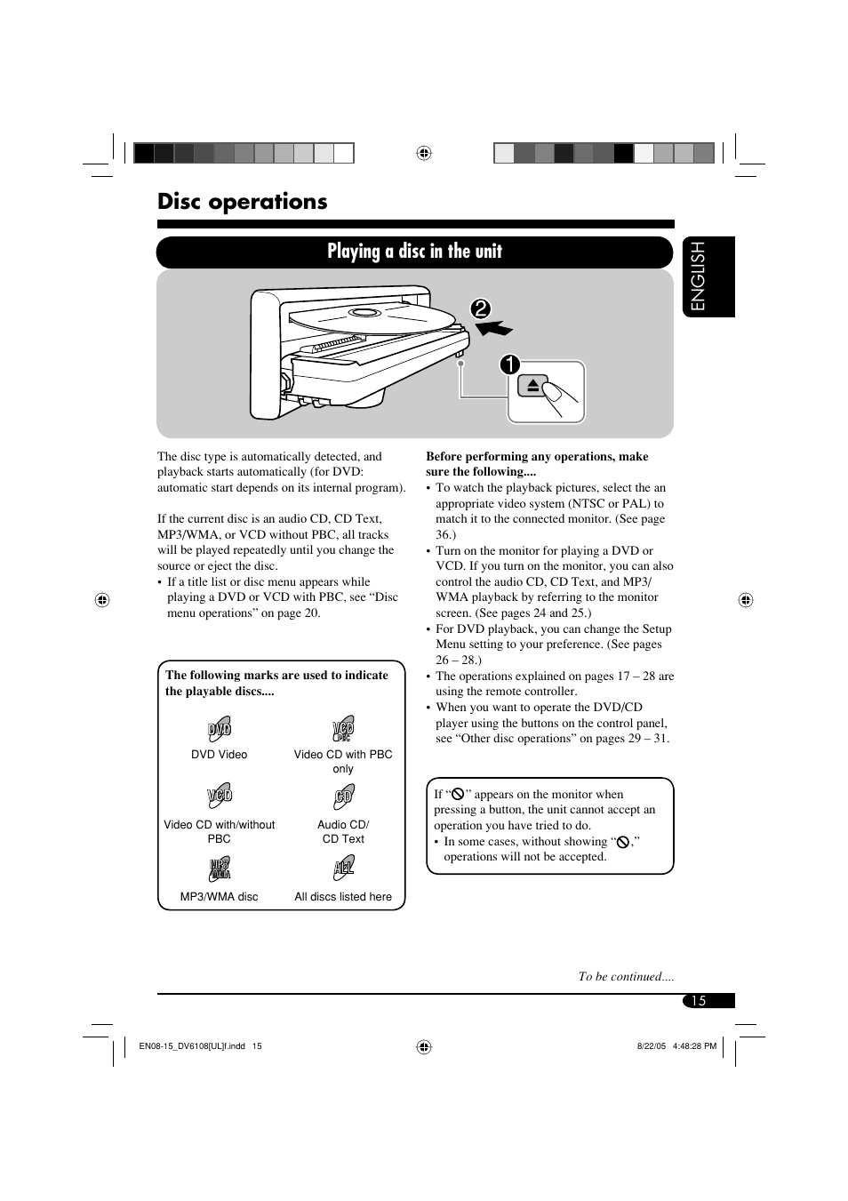 Disc operations, Playing a disc in the unit, English | JVC KD-DV6108 User Manual | Page 15 / 54