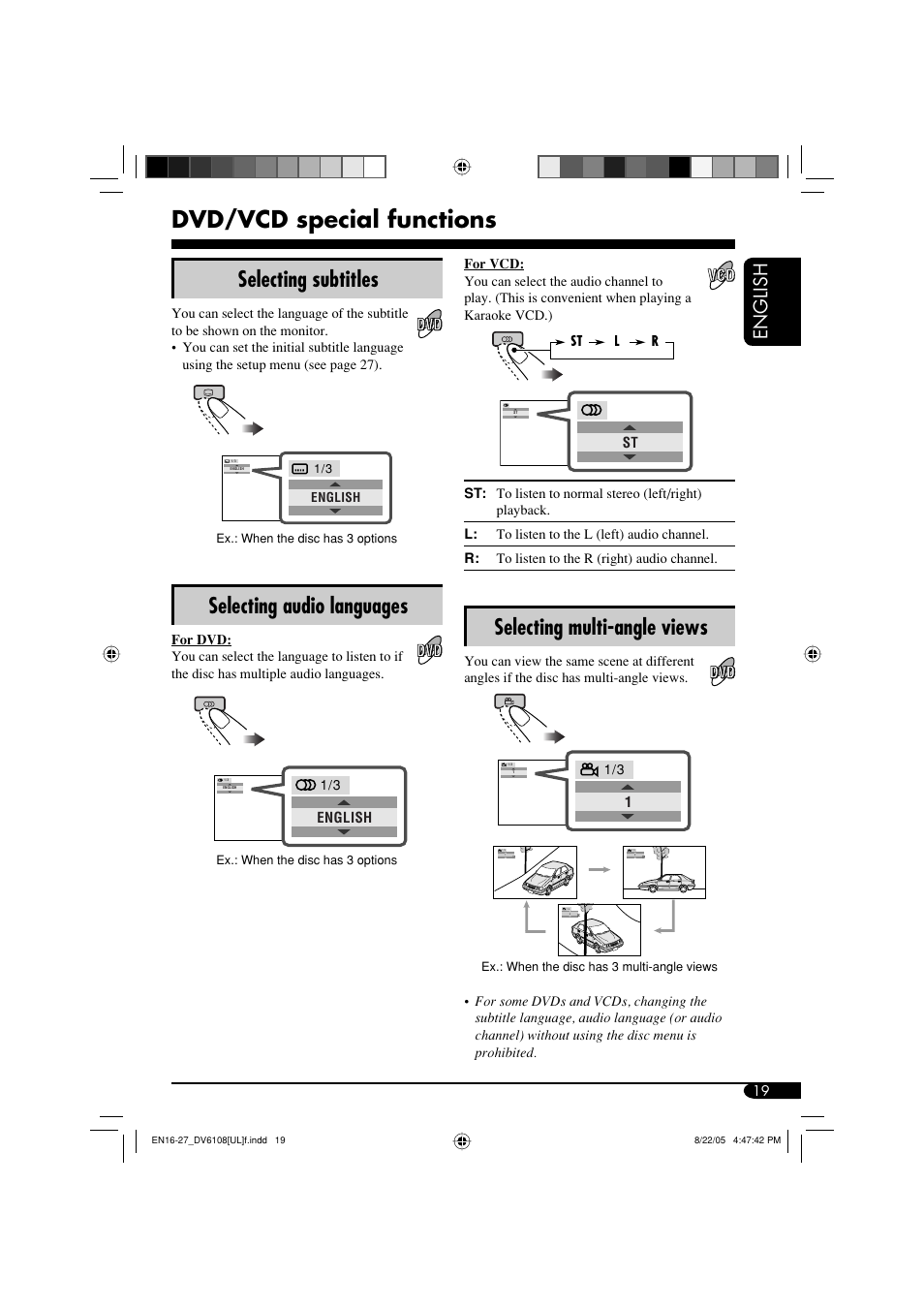 Dvd/vcd special functions, Selecting subtitles, Selecting audio languages | Selecting multi-angle views, English | JVC KD-DV6108 User Manual | Page 19 / 54