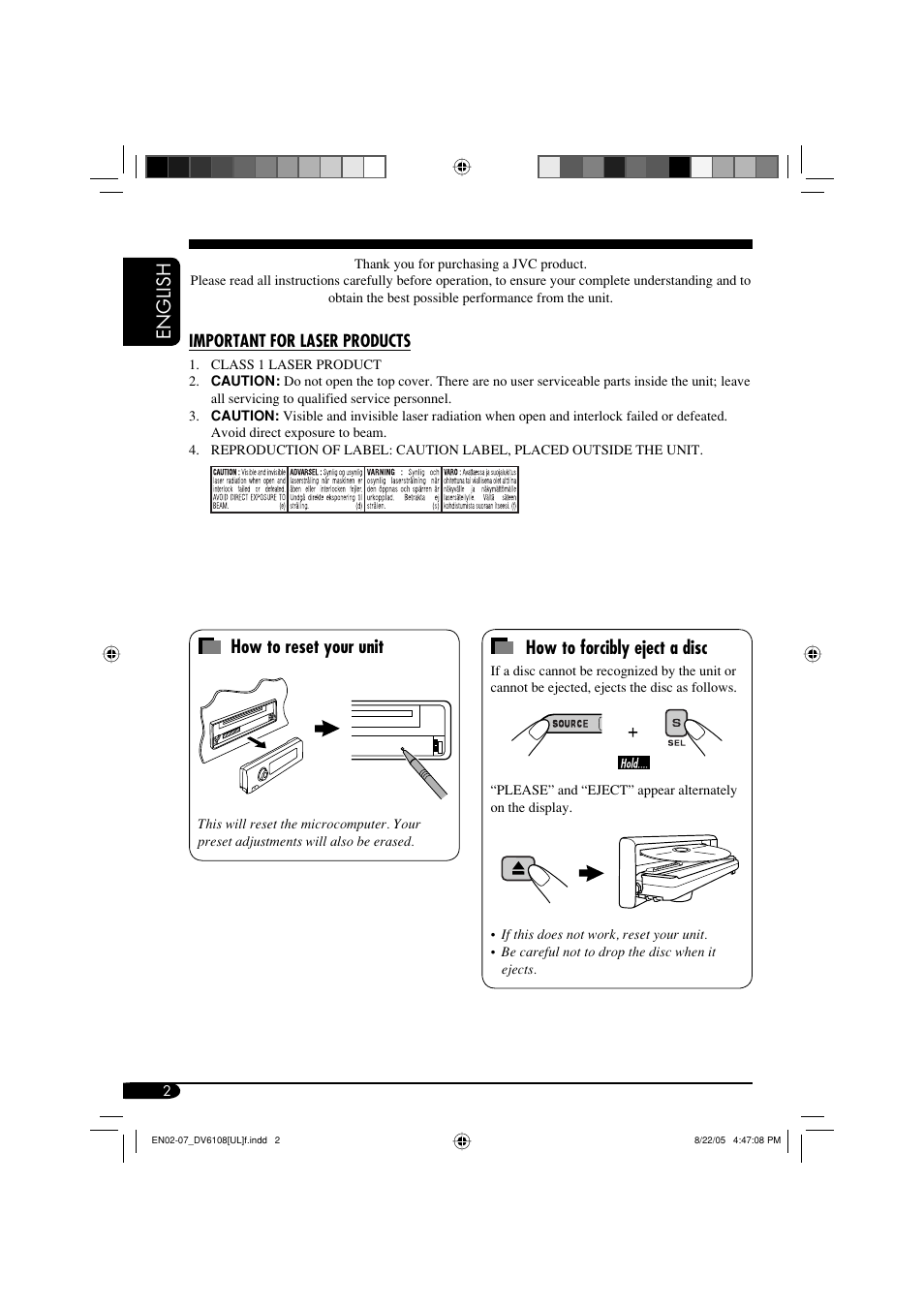 Important for laser products, English how to forcibly eject a disc, How to reset your unit | JVC KD-DV6108 User Manual | Page 2 / 54
