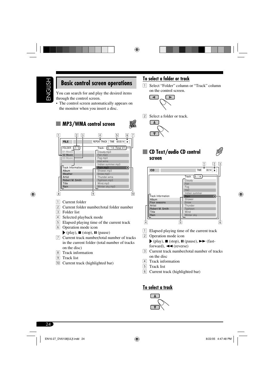 Basic control screen operations, English, Cd text/audio cd control screen | Mp3/wma control screen | JVC KD-DV6108 User Manual | Page 24 / 54