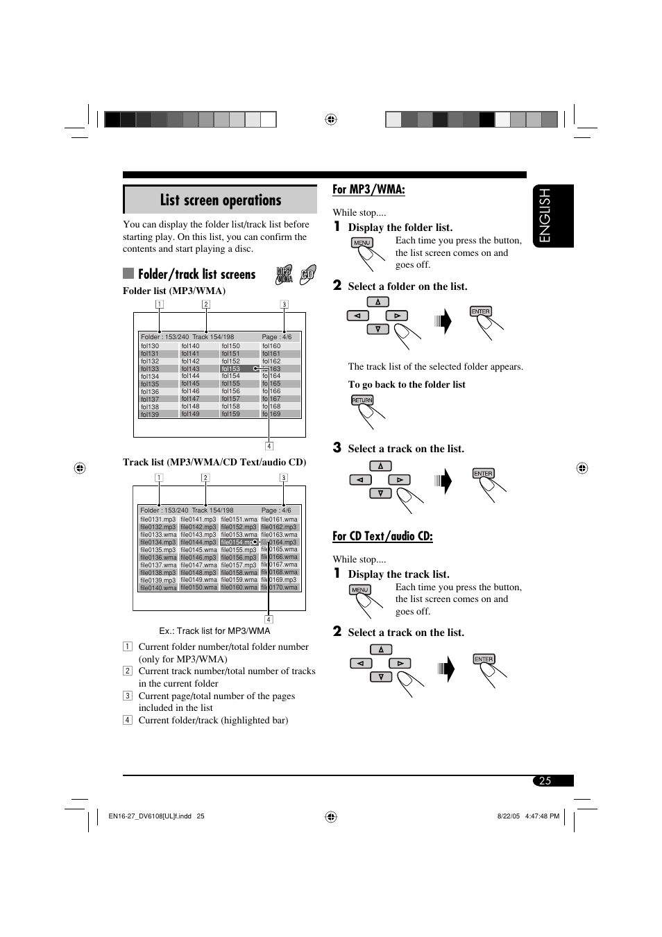 List screen operations, English, Folder/track list screens | For mp3/wma, For cd text/audio cd | JVC KD-DV6108 User Manual | Page 25 / 54