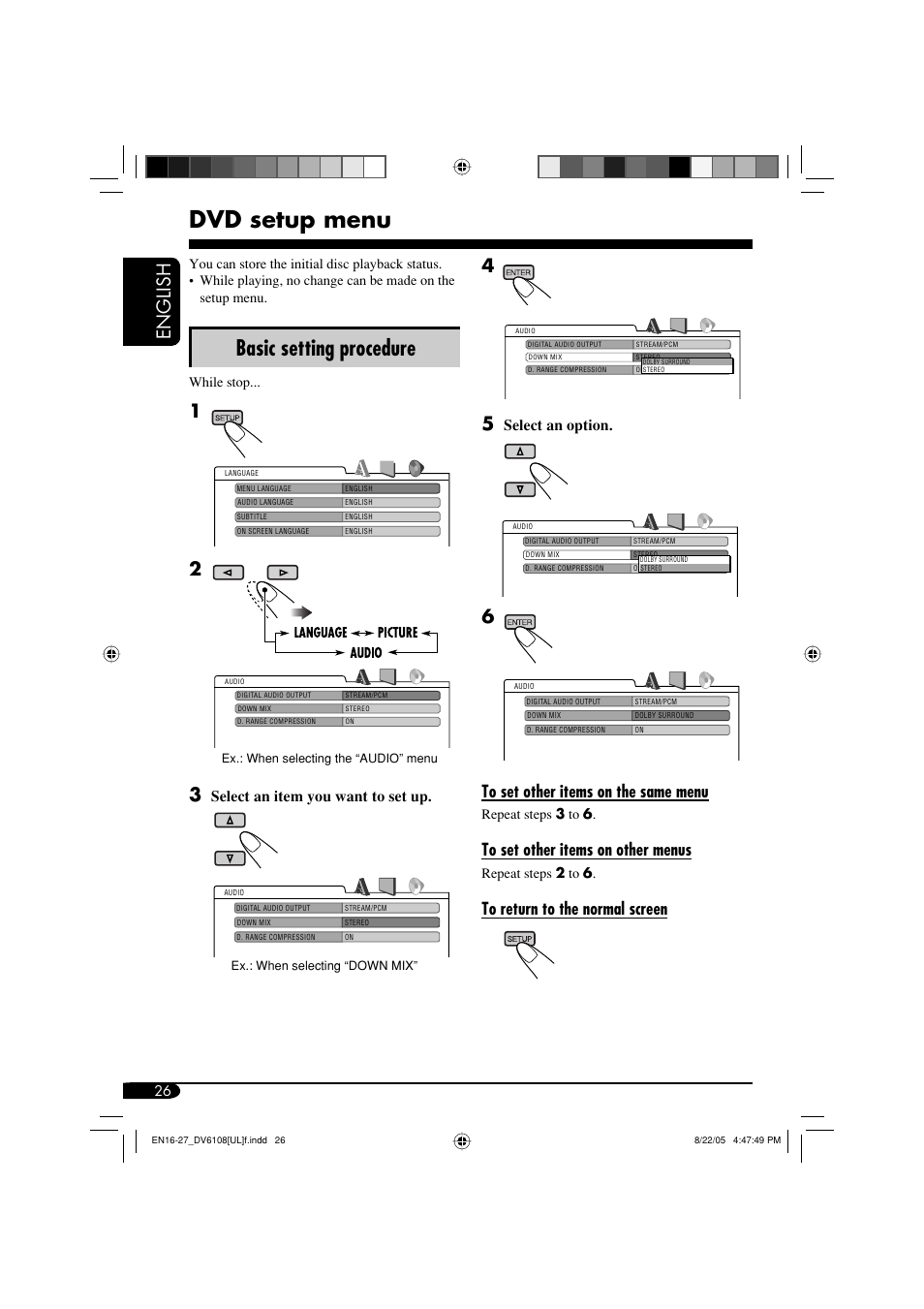 Dvd setup menu, Basic setting procedure, English | Select an item you want to set up, Select an option | JVC KD-DV6108 User Manual | Page 26 / 54