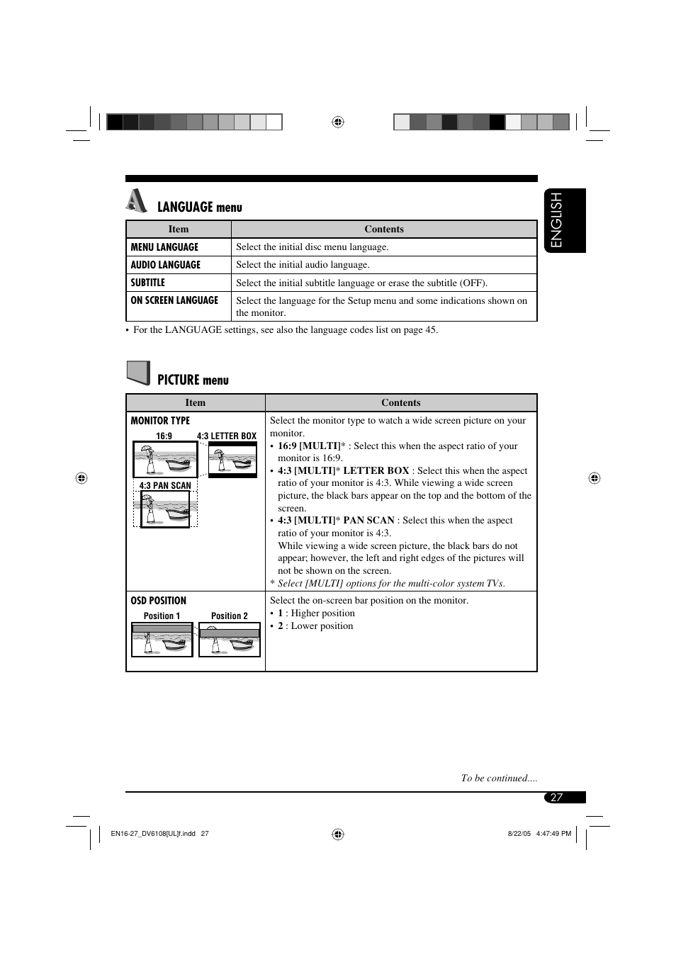 English, Language menu, Picture menu | JVC KD-DV6108 User Manual | Page 27 / 54