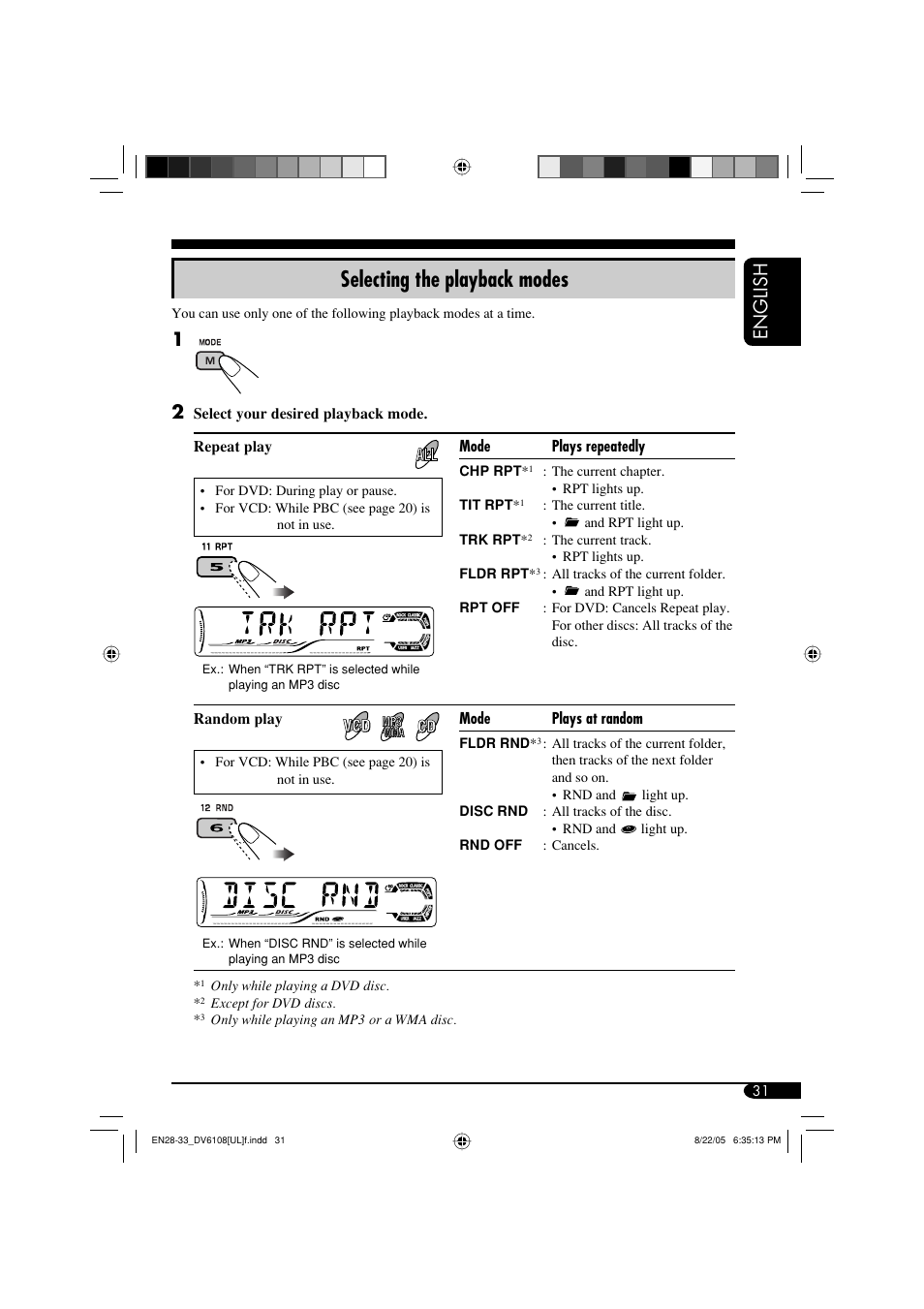 Selecting the playback modes, English | JVC KD-DV6108 User Manual | Page 31 / 54