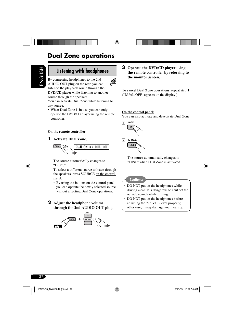 Dual zone operations, Listening with headphones, English | JVC KD-DV6108 User Manual | Page 32 / 54