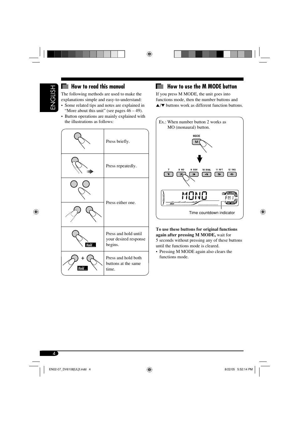English how to read this manual, How to use the m mode button | JVC KD-DV6108 User Manual | Page 4 / 54