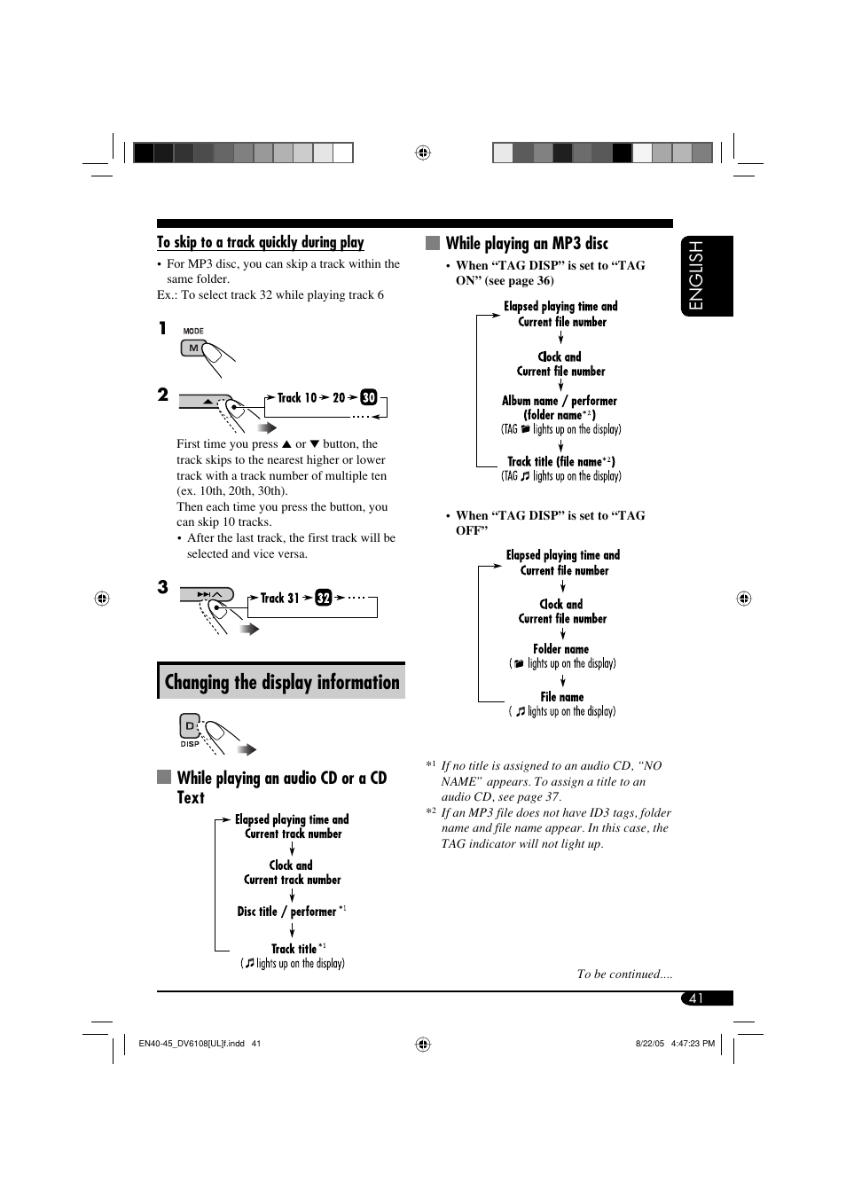 Changing the display information, English, While playing an audio cd or a cd text | While playing an mp3 disc | JVC KD-DV6108 User Manual | Page 41 / 54