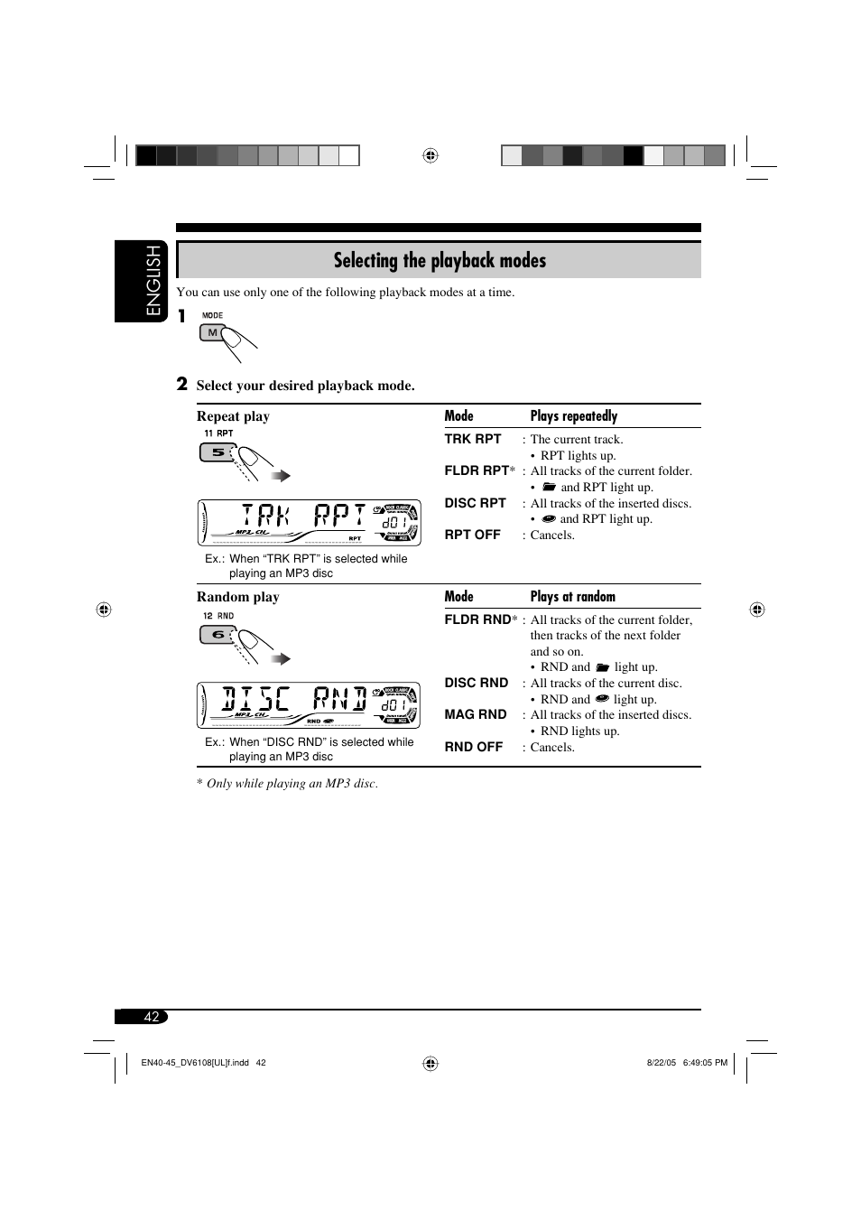Selecting the playback modes, English | JVC KD-DV6108 User Manual | Page 42 / 54