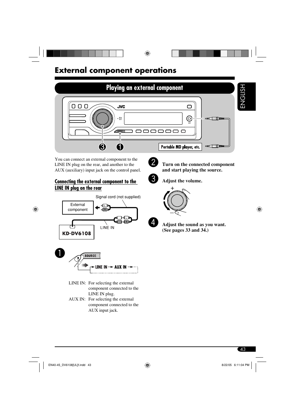 External component operations, Playing an external component | JVC KD-DV6108 User Manual | Page 43 / 54