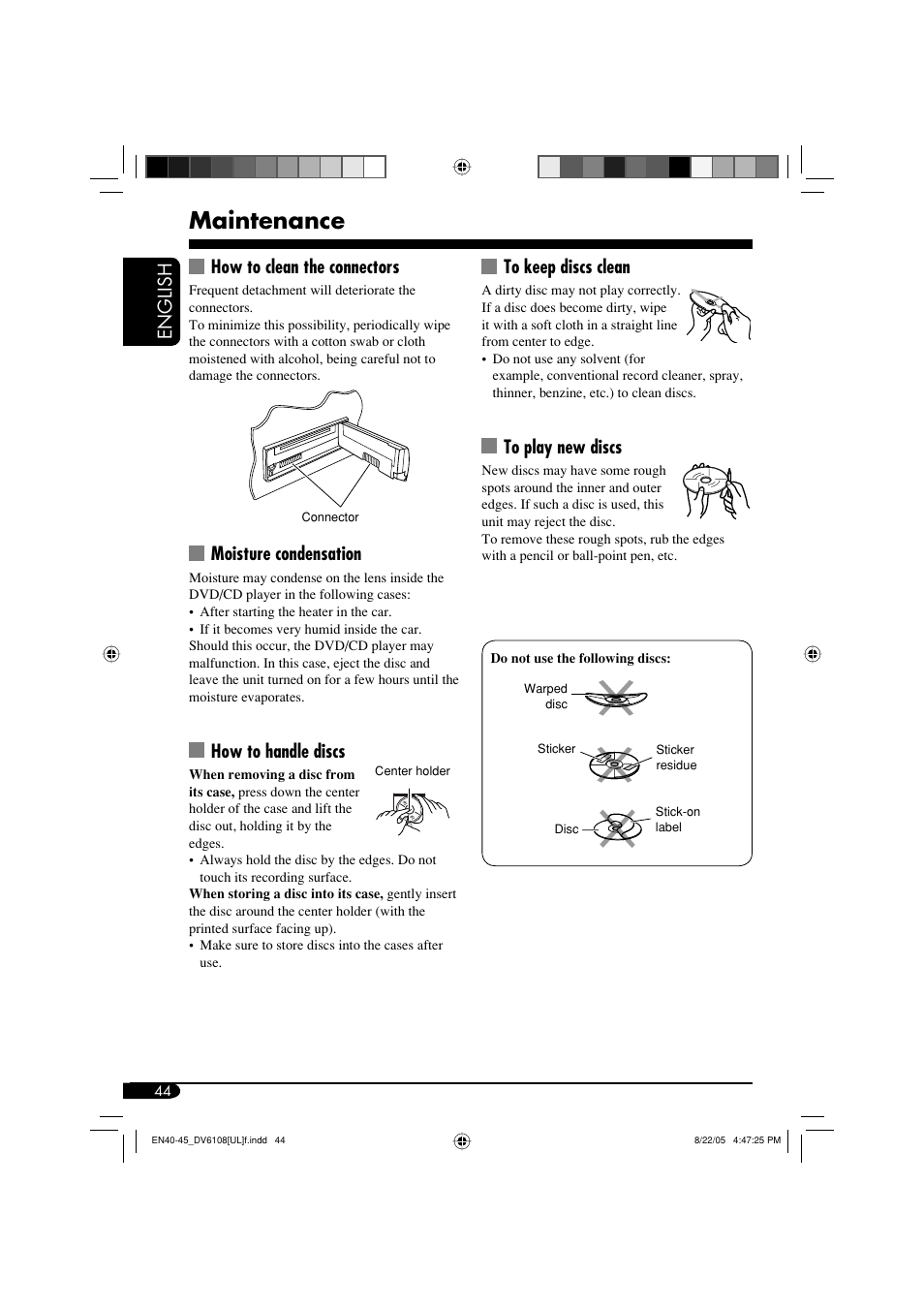 Maintenance, English to keep discs clean, How to clean the connectors | Moisture condensation, How to handle discs | JVC KD-DV6108 User Manual | Page 44 / 54