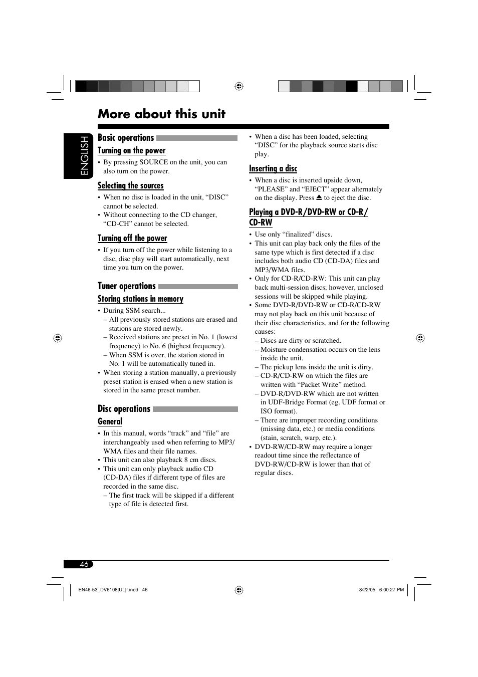 More about this unit, English, Basic operations | Tuner operations, Disc operations | JVC KD-DV6108 User Manual | Page 46 / 54