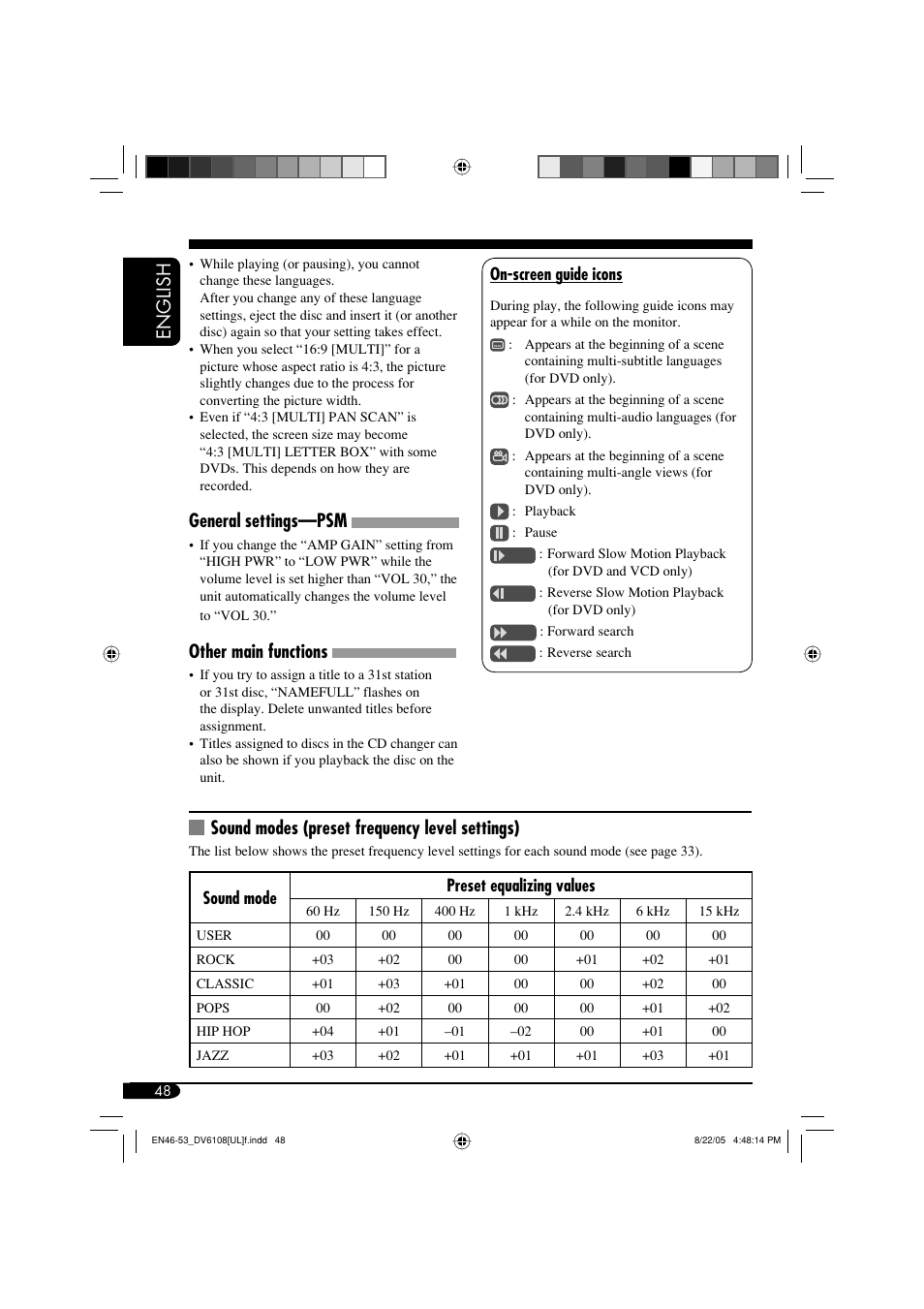 English, General settings—psm, Other main functions | Sound modes (preset frequency level settings) | JVC KD-DV6108 User Manual | Page 48 / 54