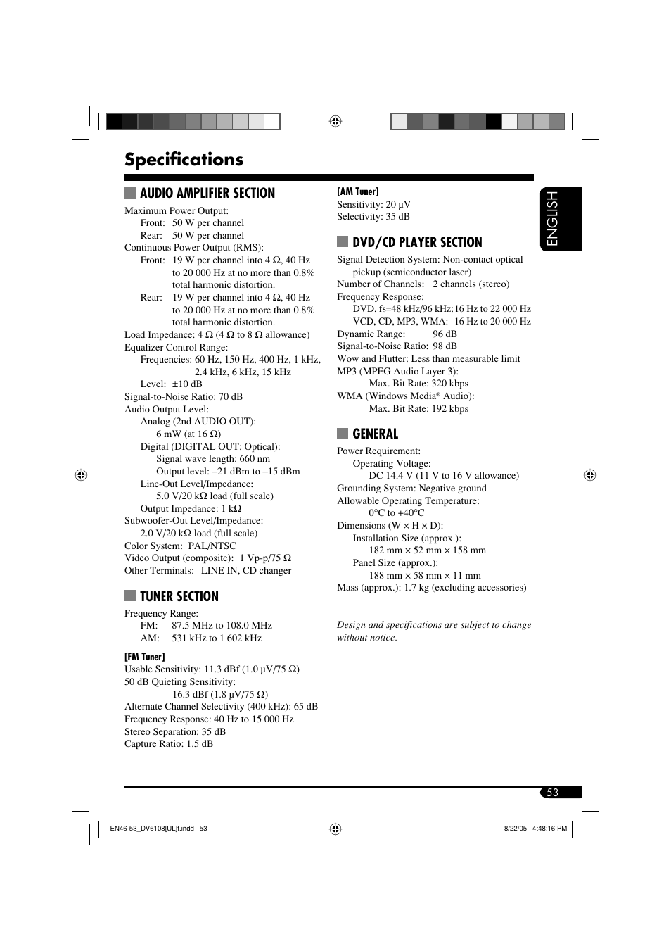 Specifications, English, General | JVC KD-DV6108 User Manual | Page 53 / 54