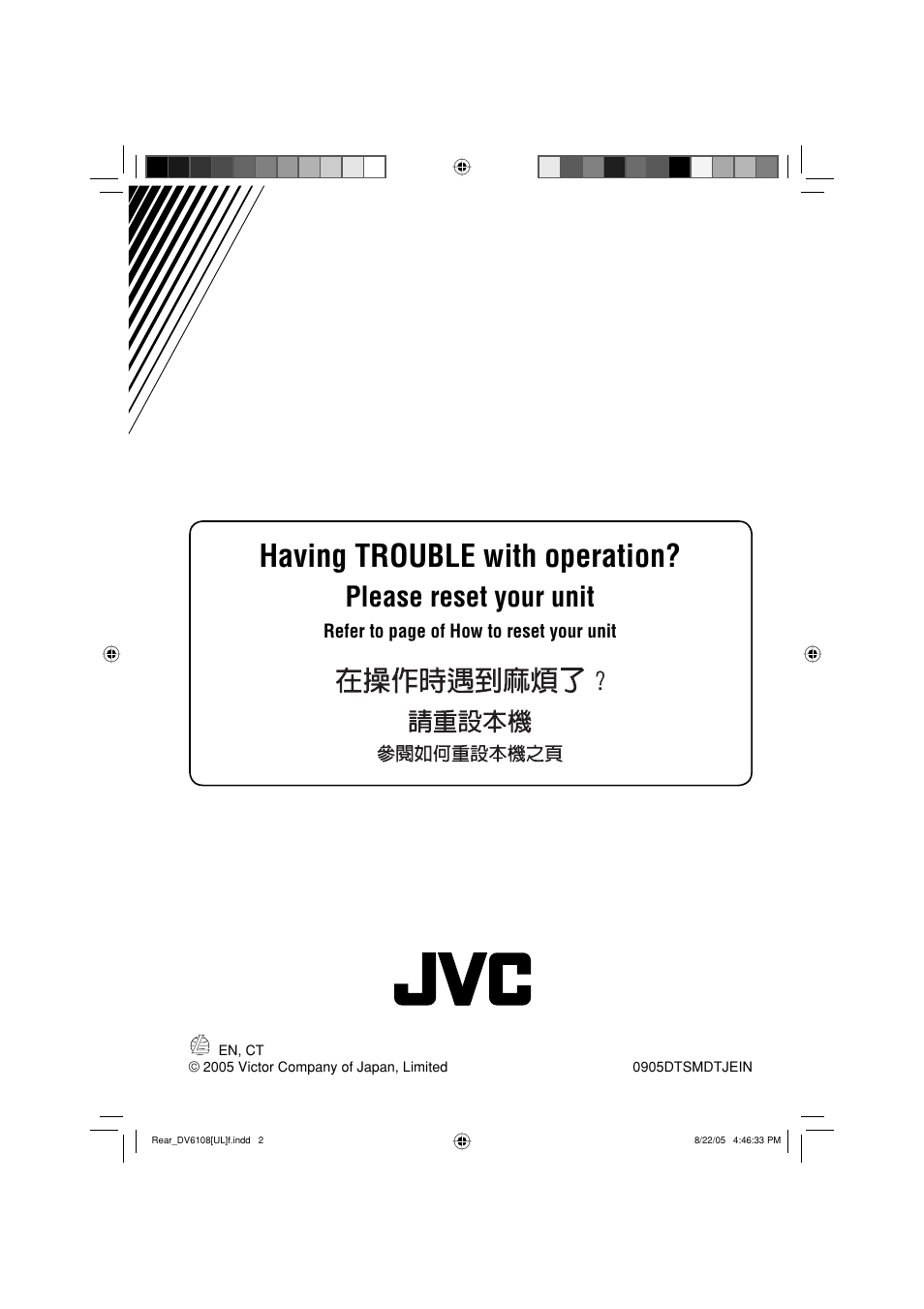 Having trouble with operation, Please reset your unit | JVC KD-DV6108 User Manual | Page 54 / 54
