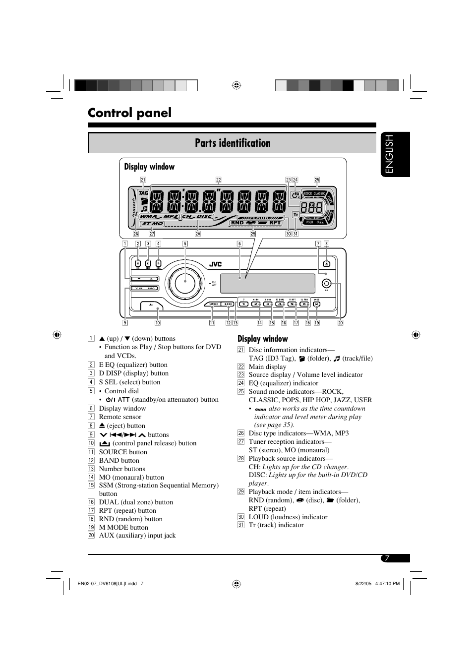 Control panel, Parts identification, English | JVC KD-DV6108 User Manual | Page 7 / 54