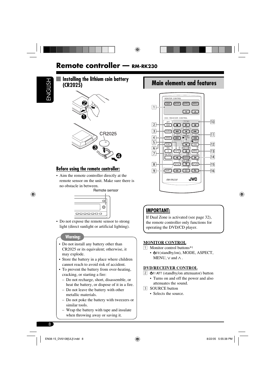 Remote controller, Main elements and features, English | Installing the lithium coin battery (cr2025), Before using the remote controller, Important, Rm-rk230, Warning | JVC KD-DV6108 User Manual | Page 8 / 54