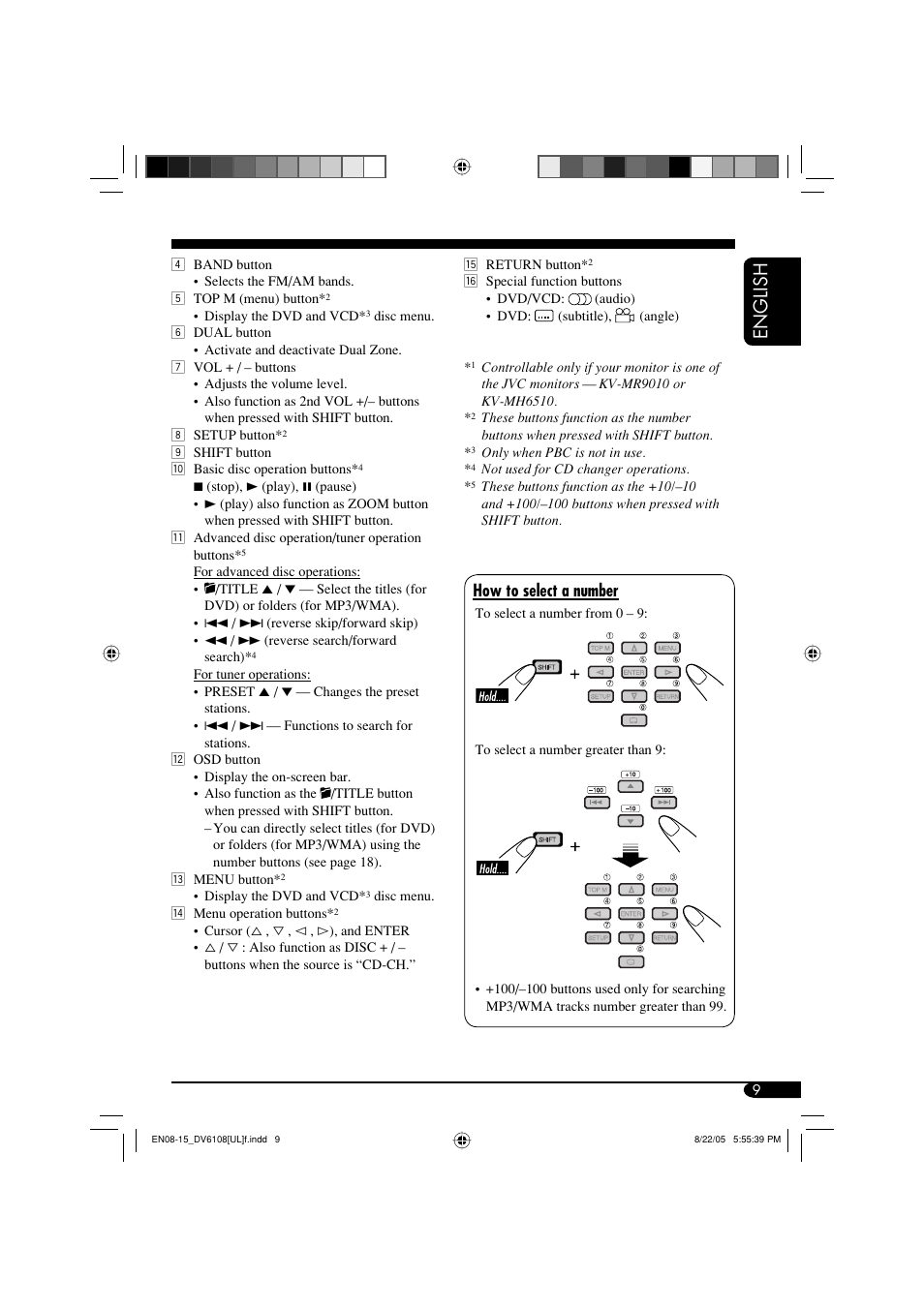 English, How to select a number | JVC KD-DV6108 User Manual | Page 9 / 54