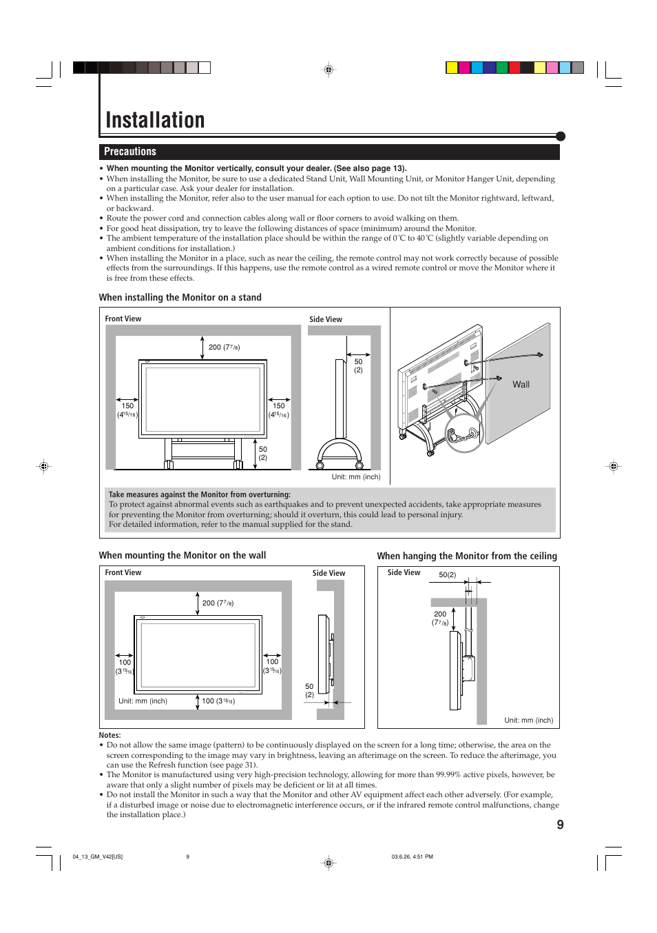 Installation, Precautions, Menu input power | When hanging the monitor from the ceiling | JVC GM-V42UB User Manual | Page 11 / 44