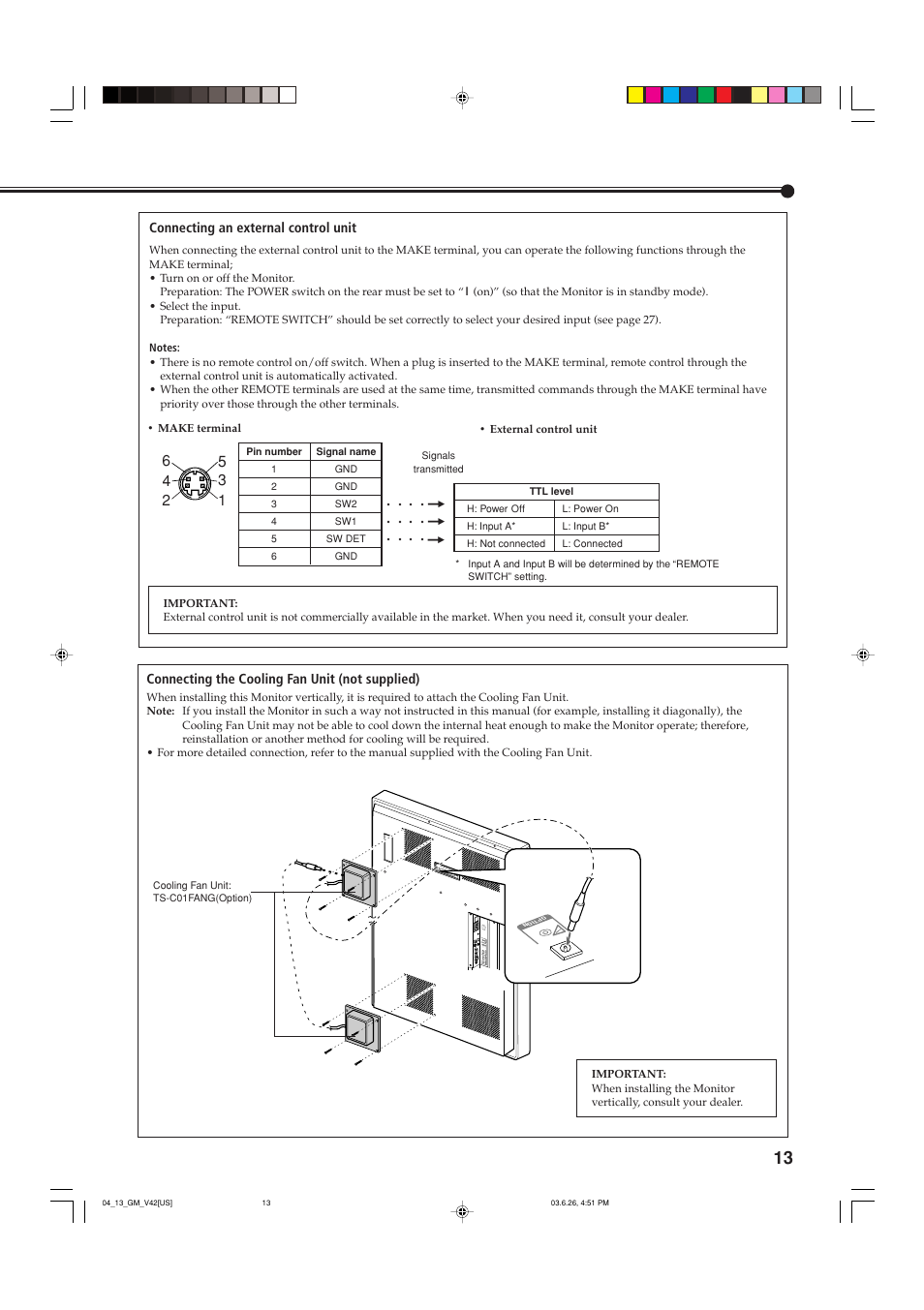 Connecting an external control unit, Connecting the cooling fan unit (not supplied) | JVC GM-V42UB User Manual | Page 15 / 44