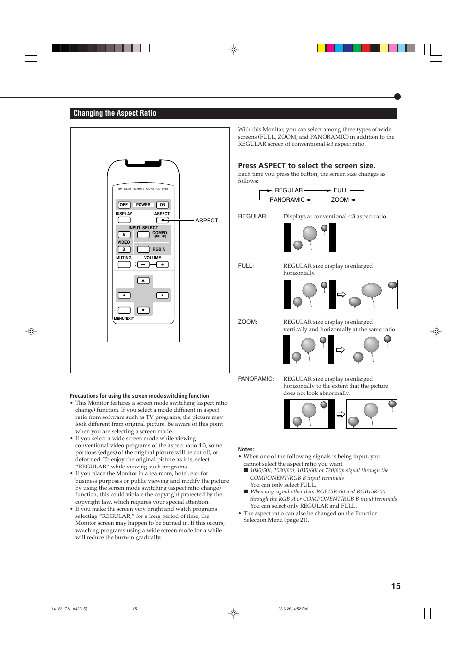 Changing the aspect ratio, Press aspect to select the screen size | JVC GM-V42UB User Manual | Page 17 / 44
