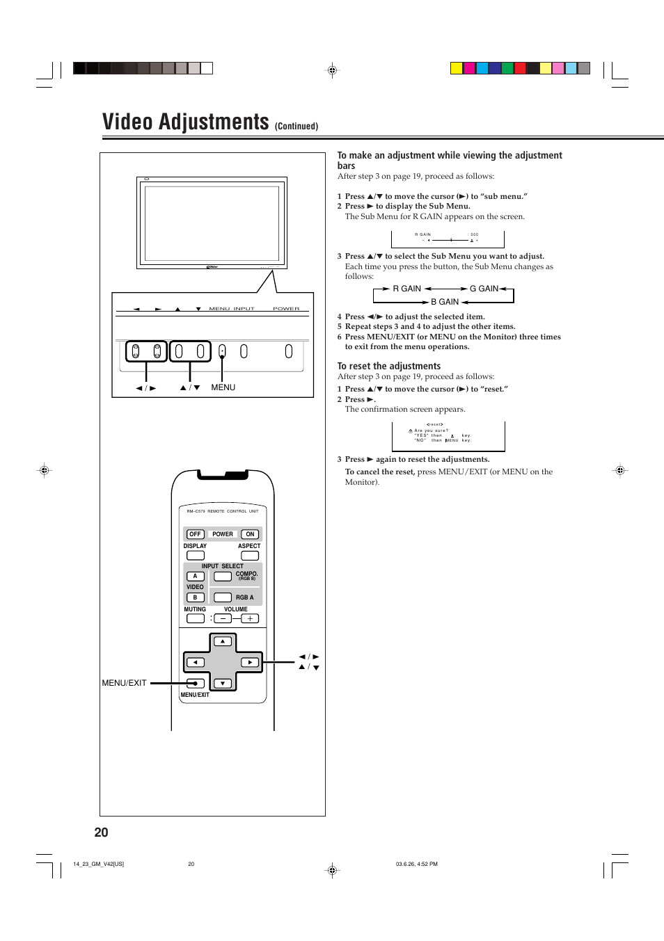 Video adjustments, Menu input power | JVC GM-V42UB User Manual | Page 22 / 44